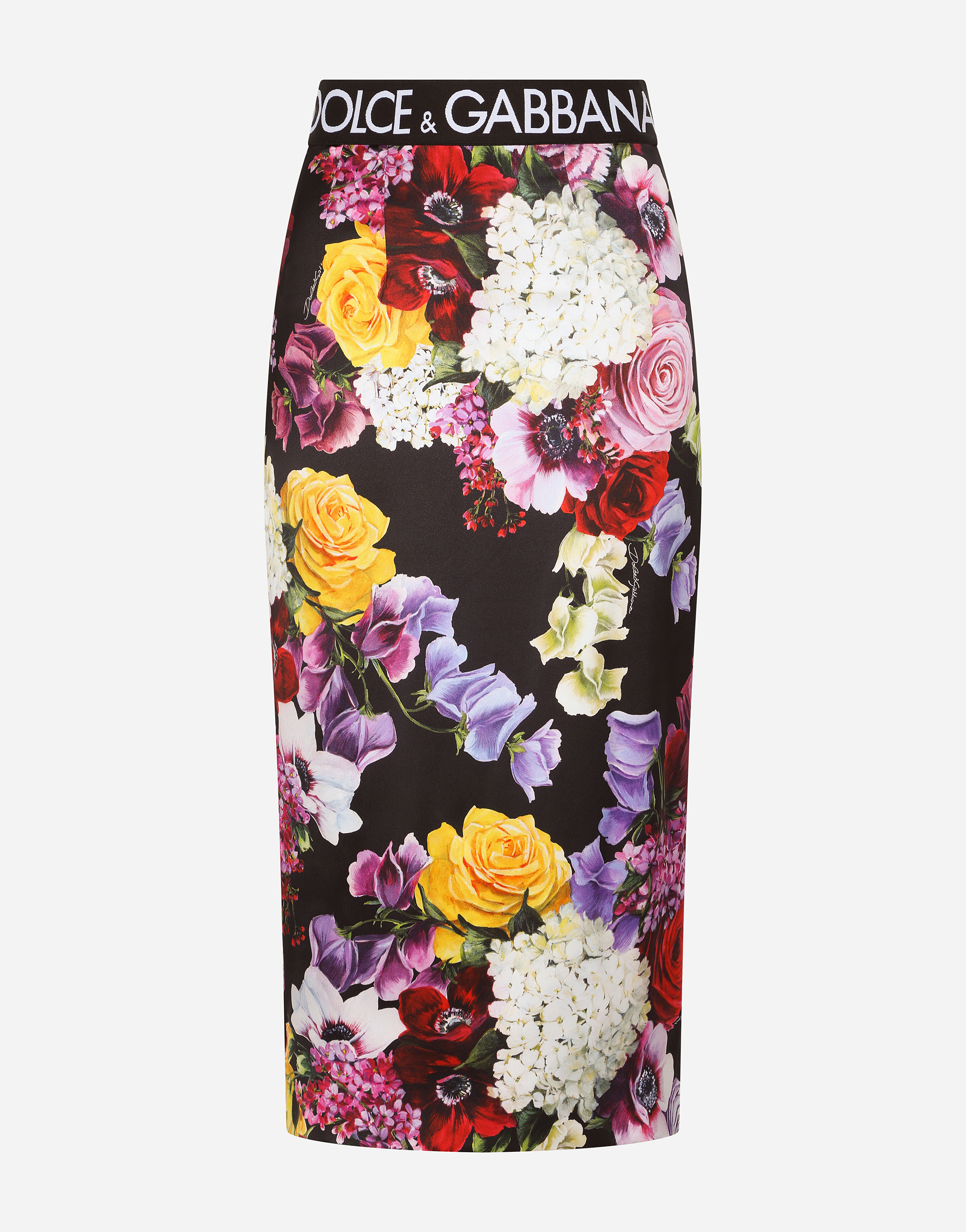 Satin calf-length skirt with hydrangea and floral print in Multicolor