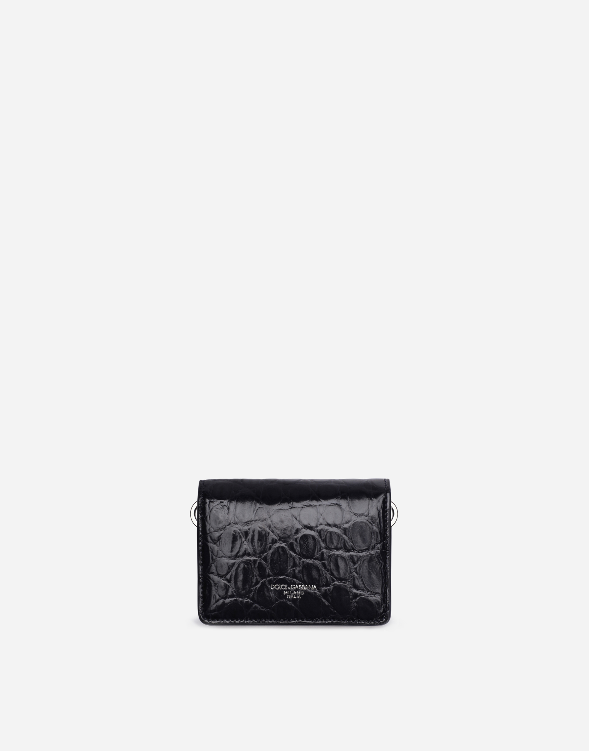 Shiny crocodile flank leather wallet with strap and heat-stamped logo in black