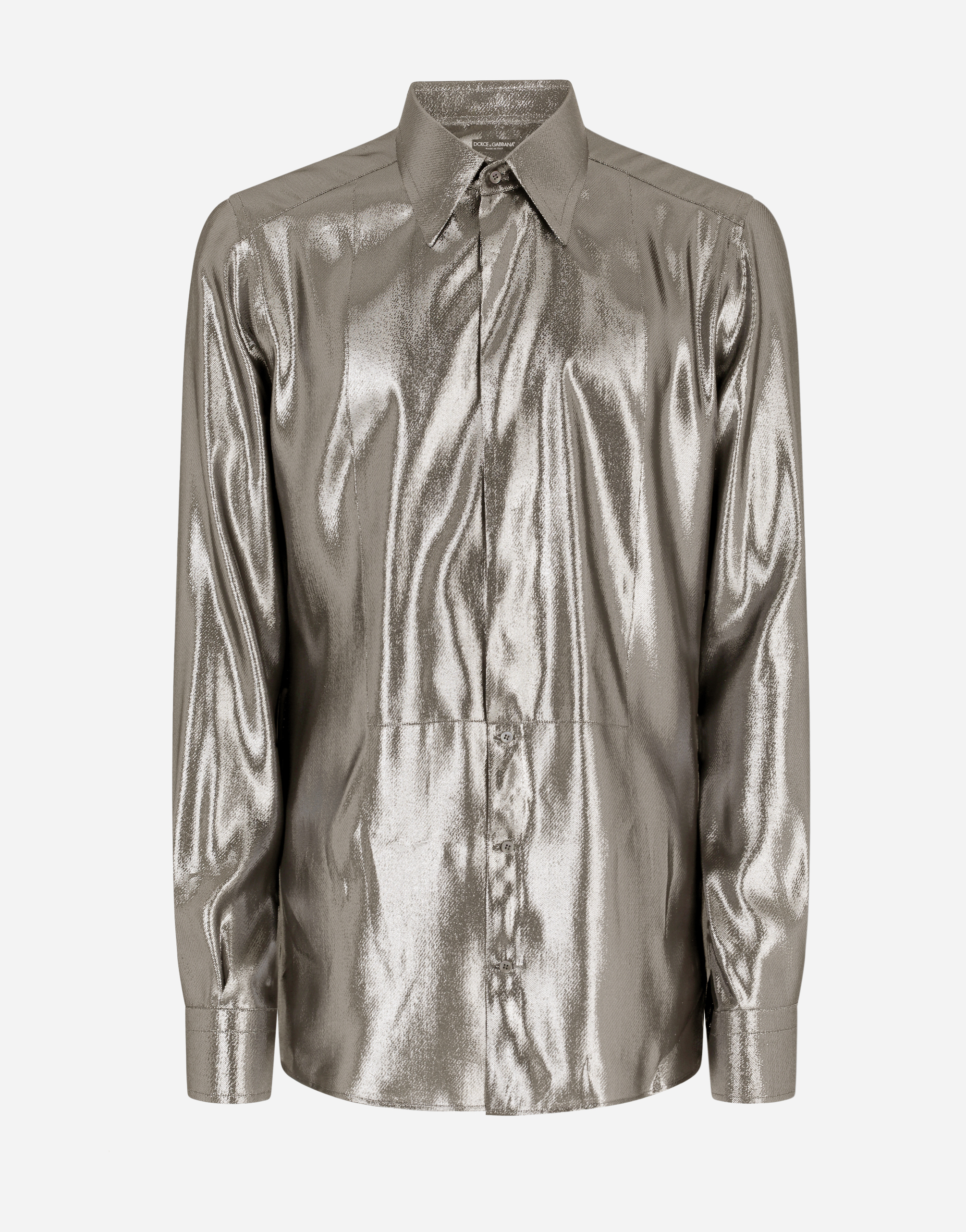 Laminated silk Gold-fit tuxedo shirt in Silver