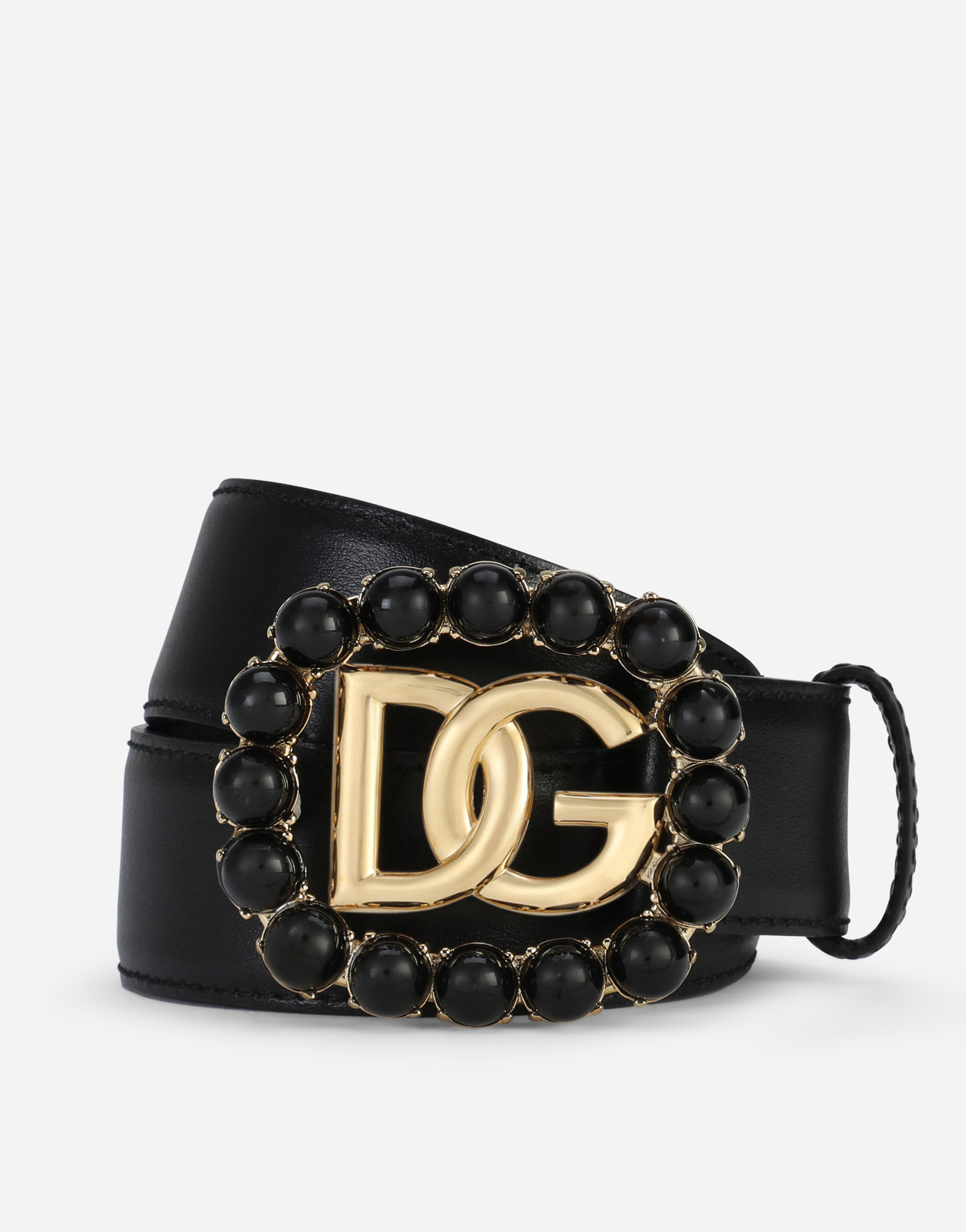 Calfskin belt with DG logo with black pearls in Black