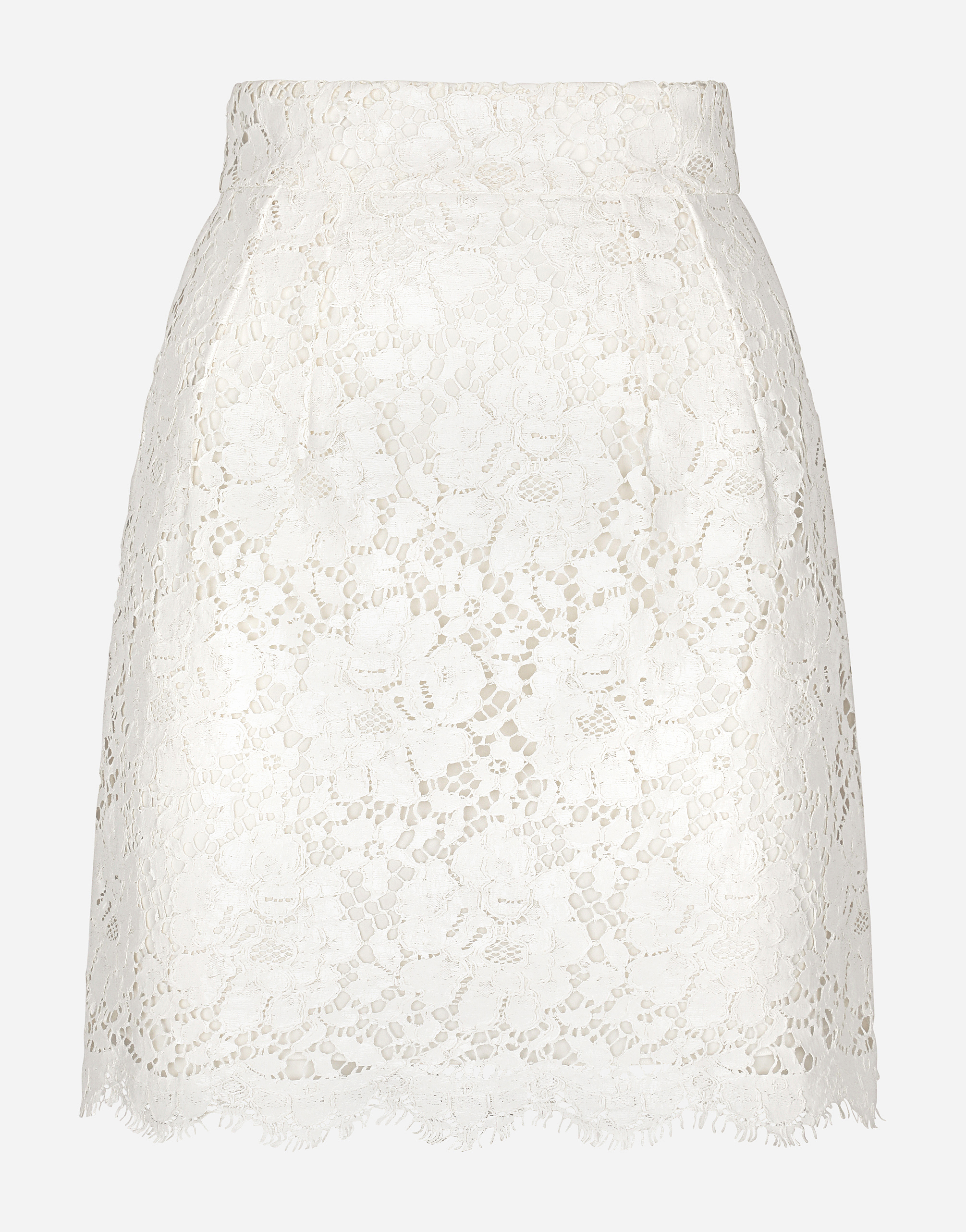 Laminated lace miniskirt in White