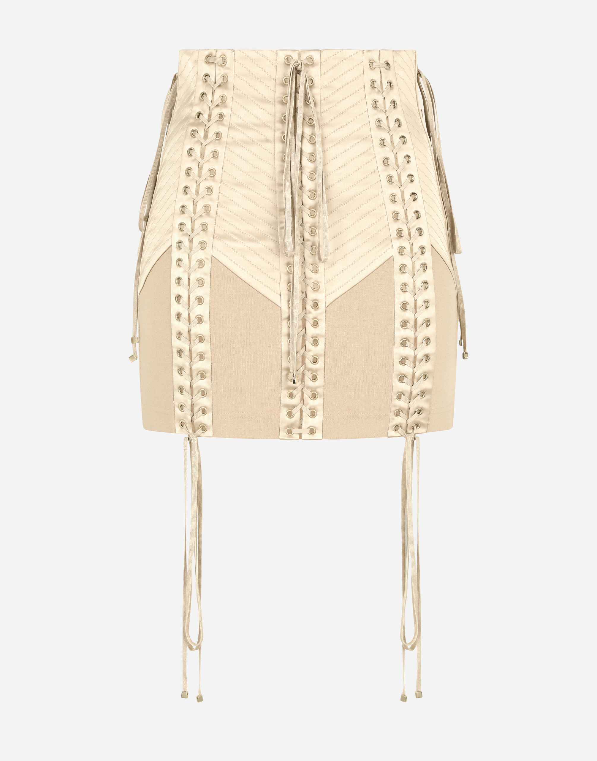 Jersey miniskirt with laces and eyelets in Beige