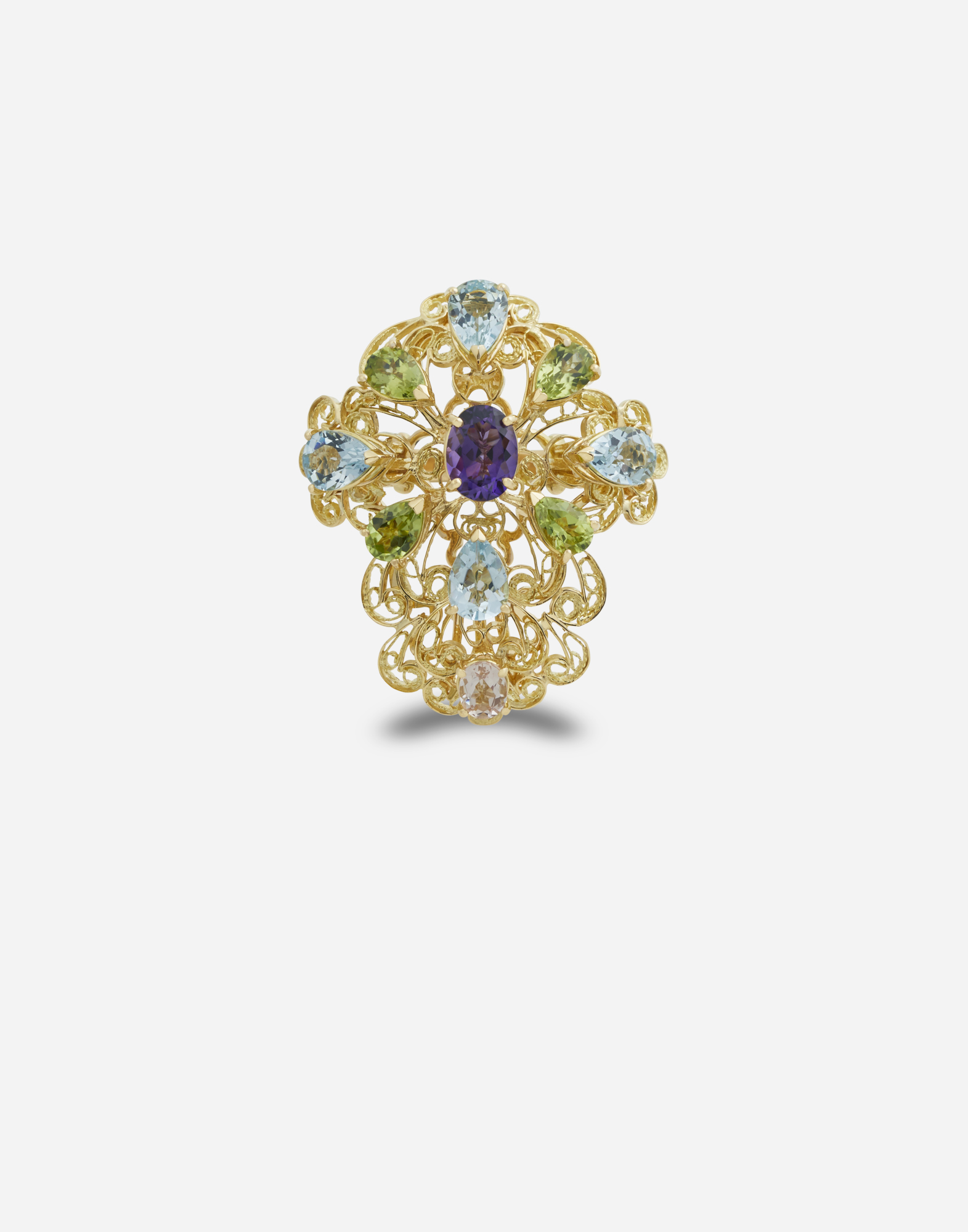 Pizzo ring in yellow gold filgree with amethyst, aquamarines, peridots and morganite in Gold