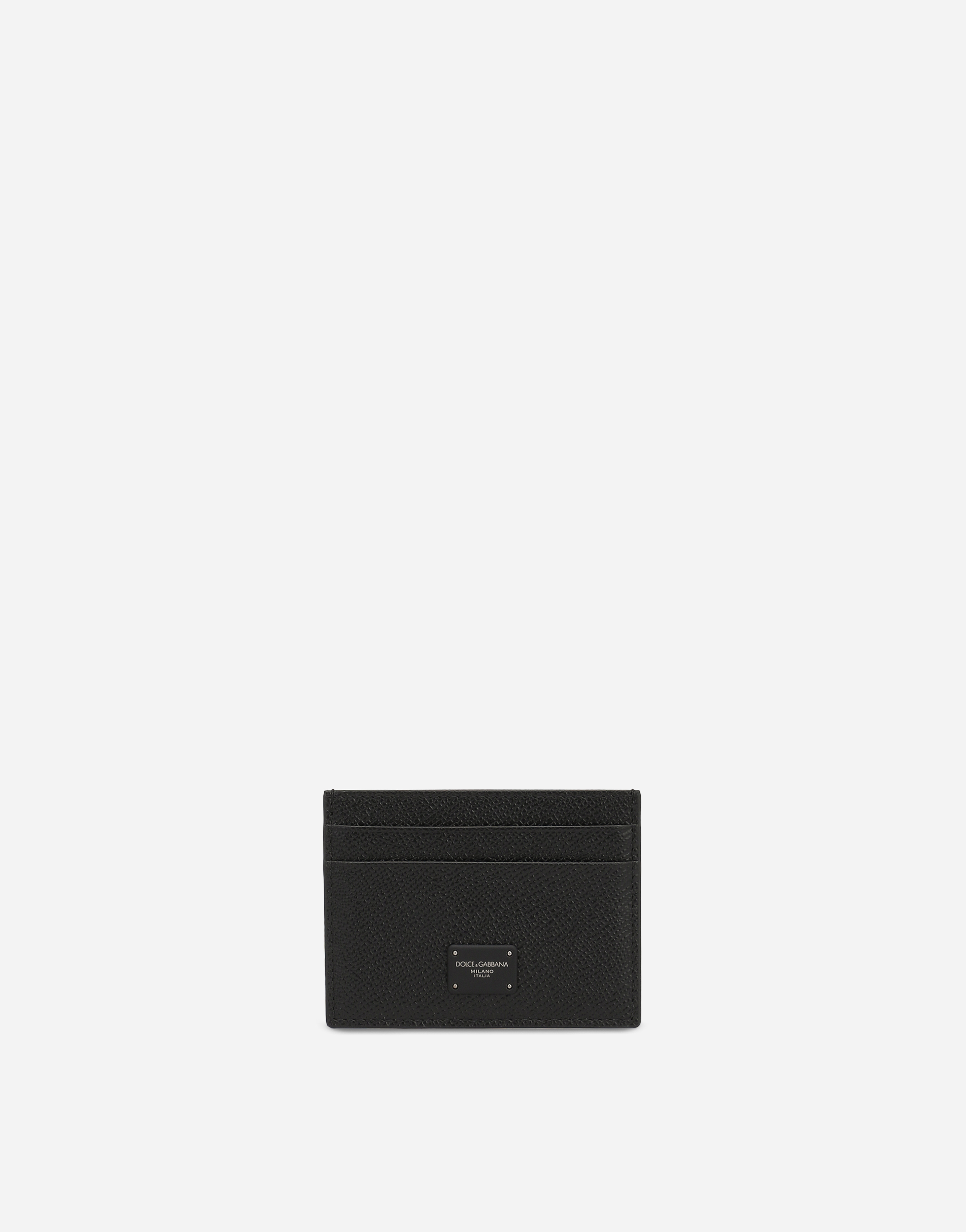 Dauphine calfskin credit card holder with logo plaque in Black