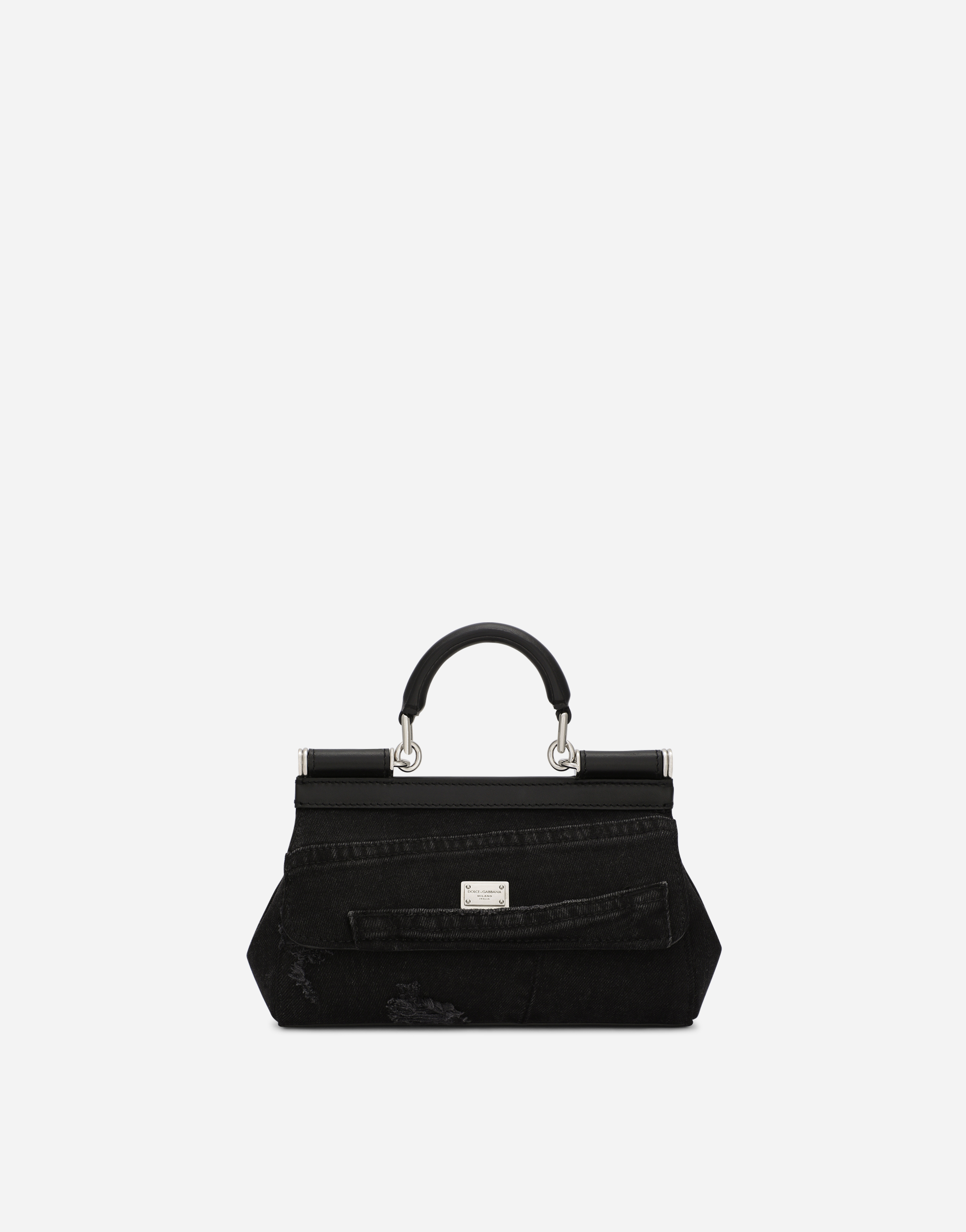 Small Sicily bag in calfskin and patchwork denim in Black