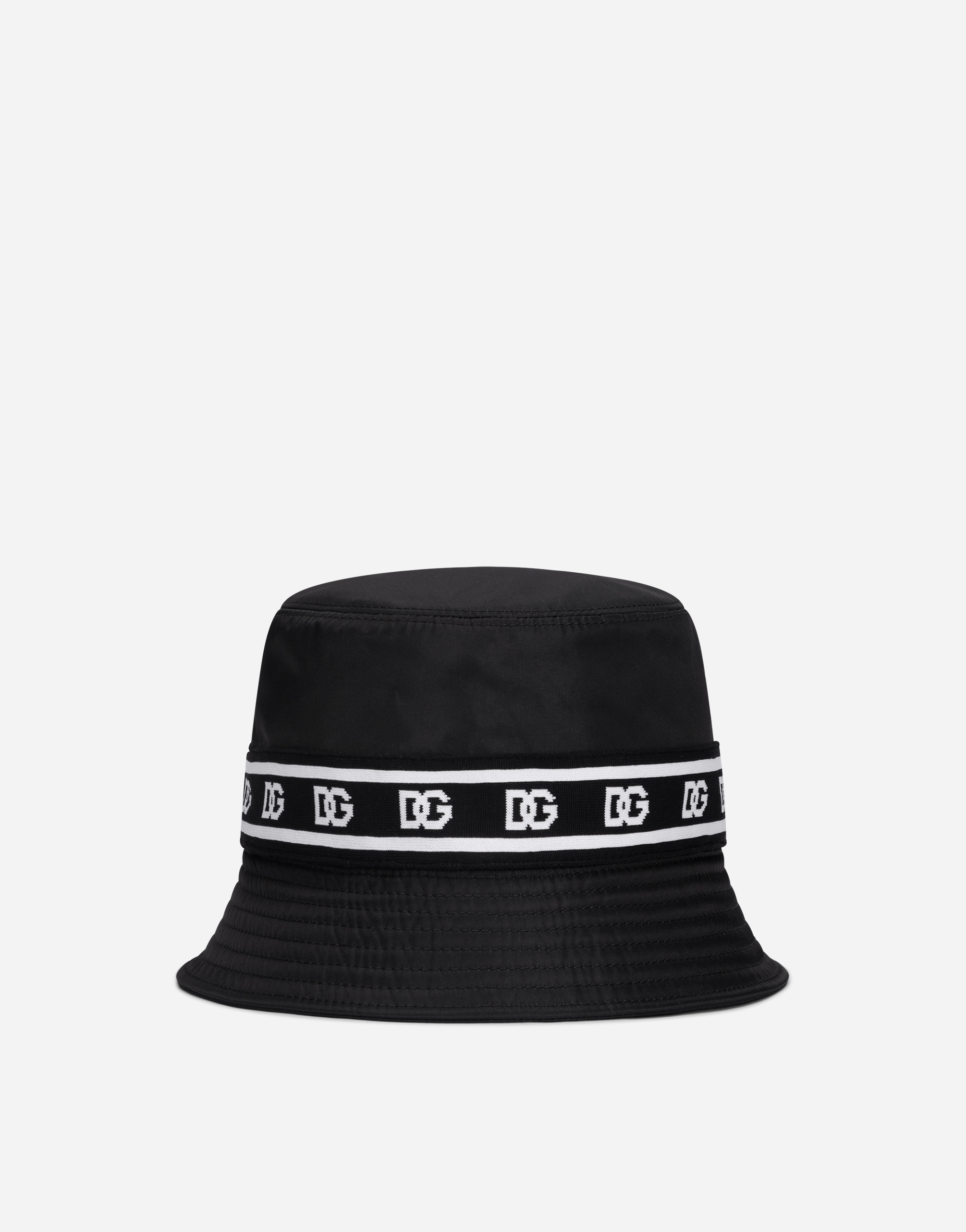 Nylon bucket hat with branded-band print in Black