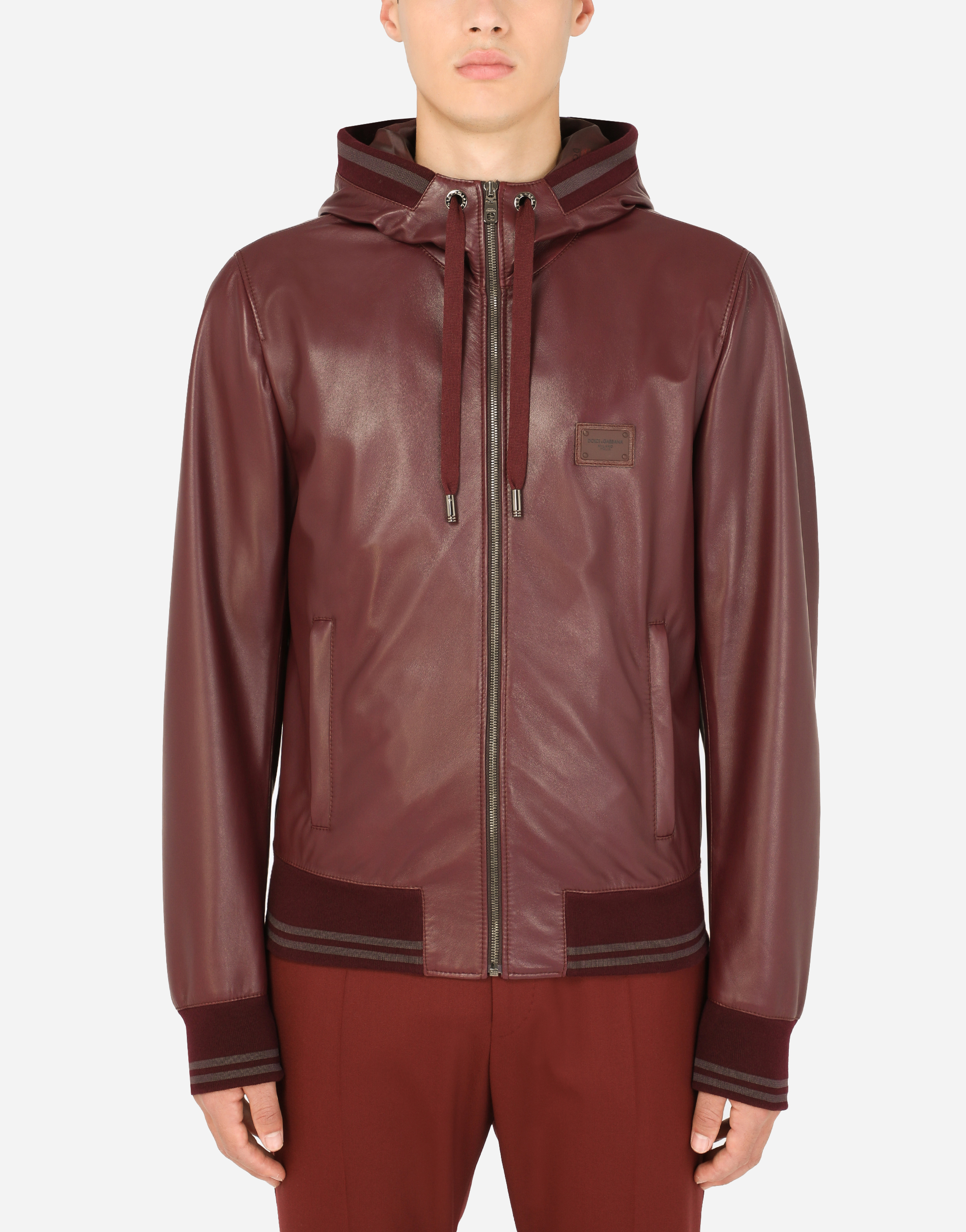 Leather jacket with hood and branded plate in Bordeaux