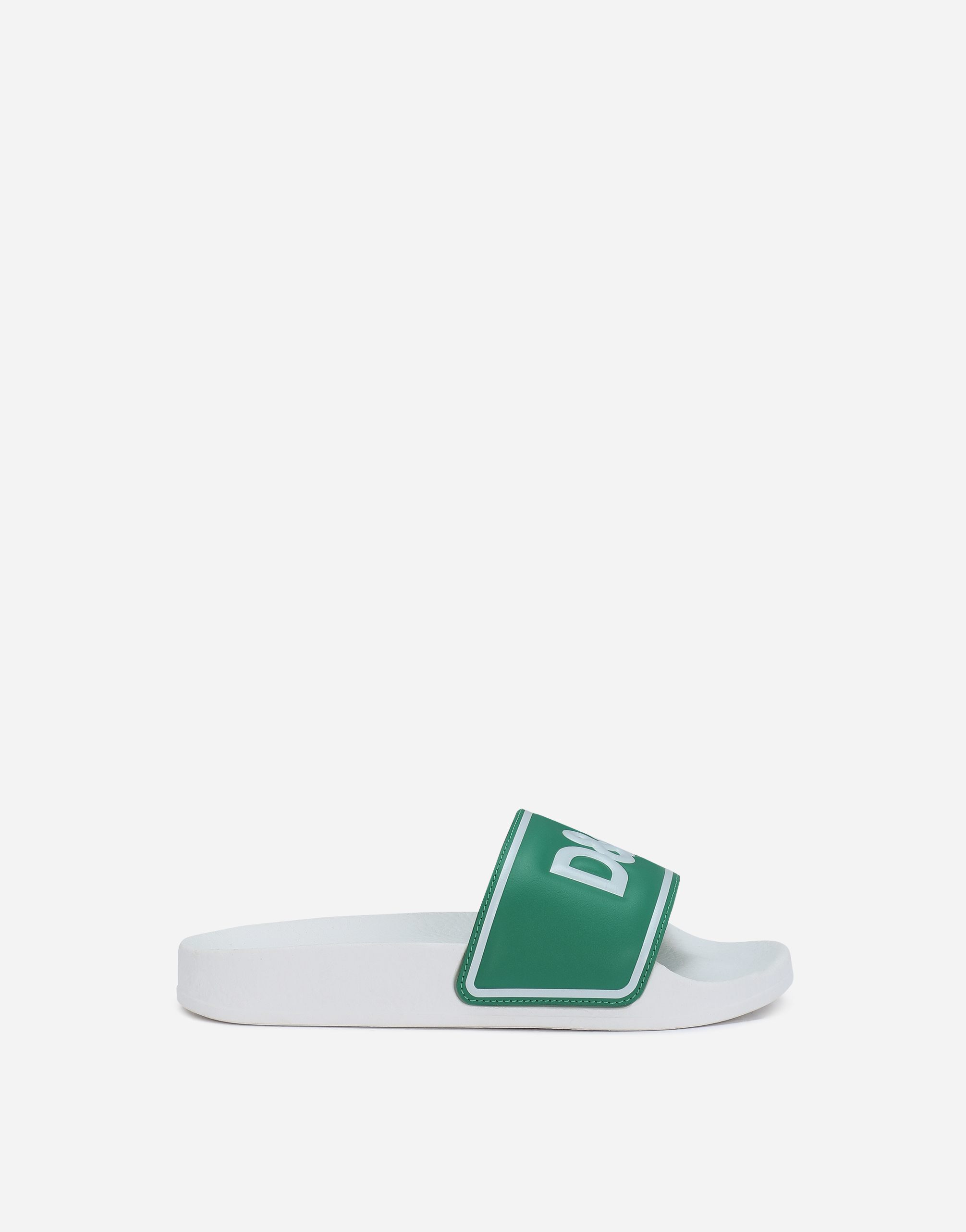 Rubber and calfskin sliders with logo print in Green