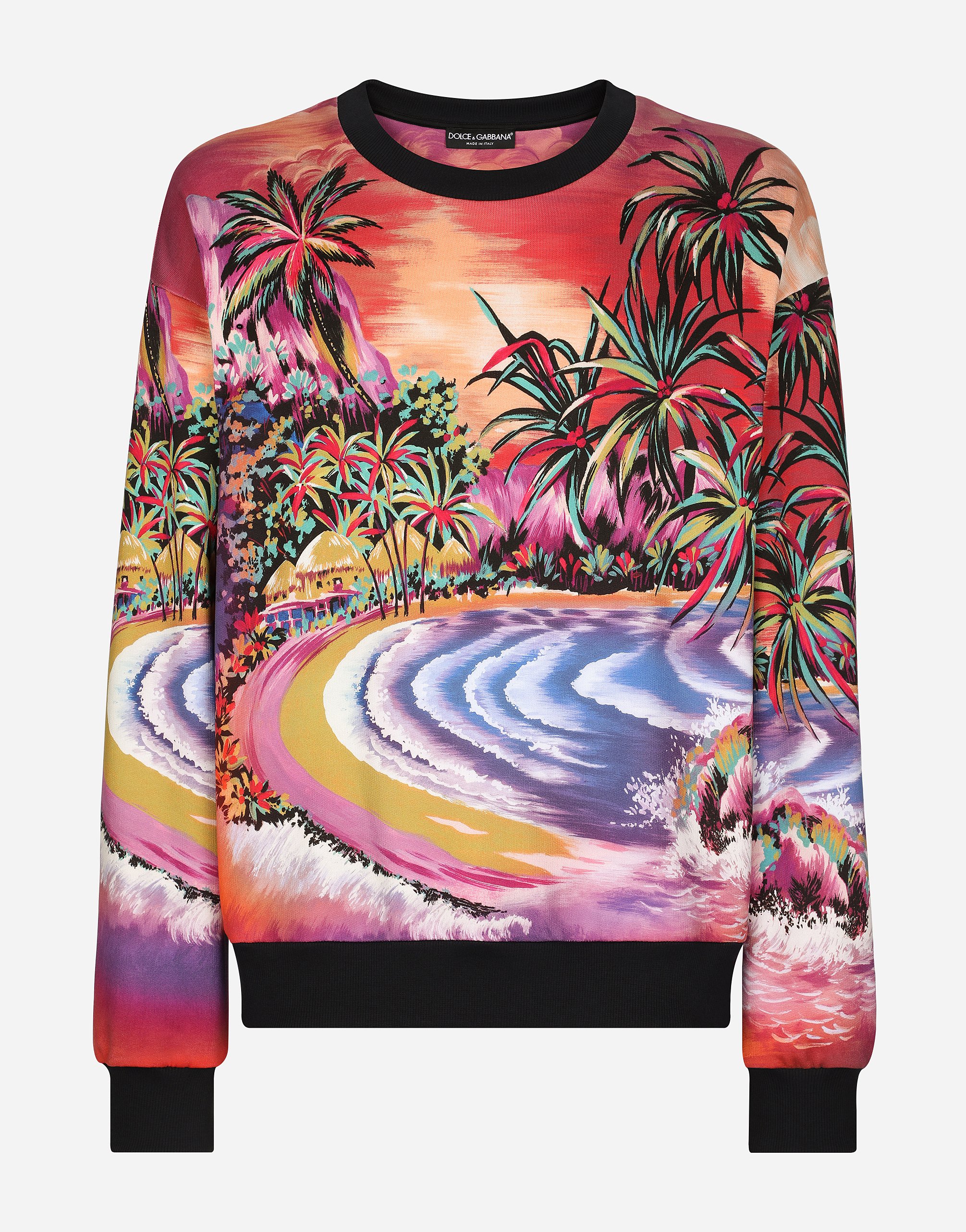 Round-neck jersey sweatshirt with Hawaiian print in Multicolor
