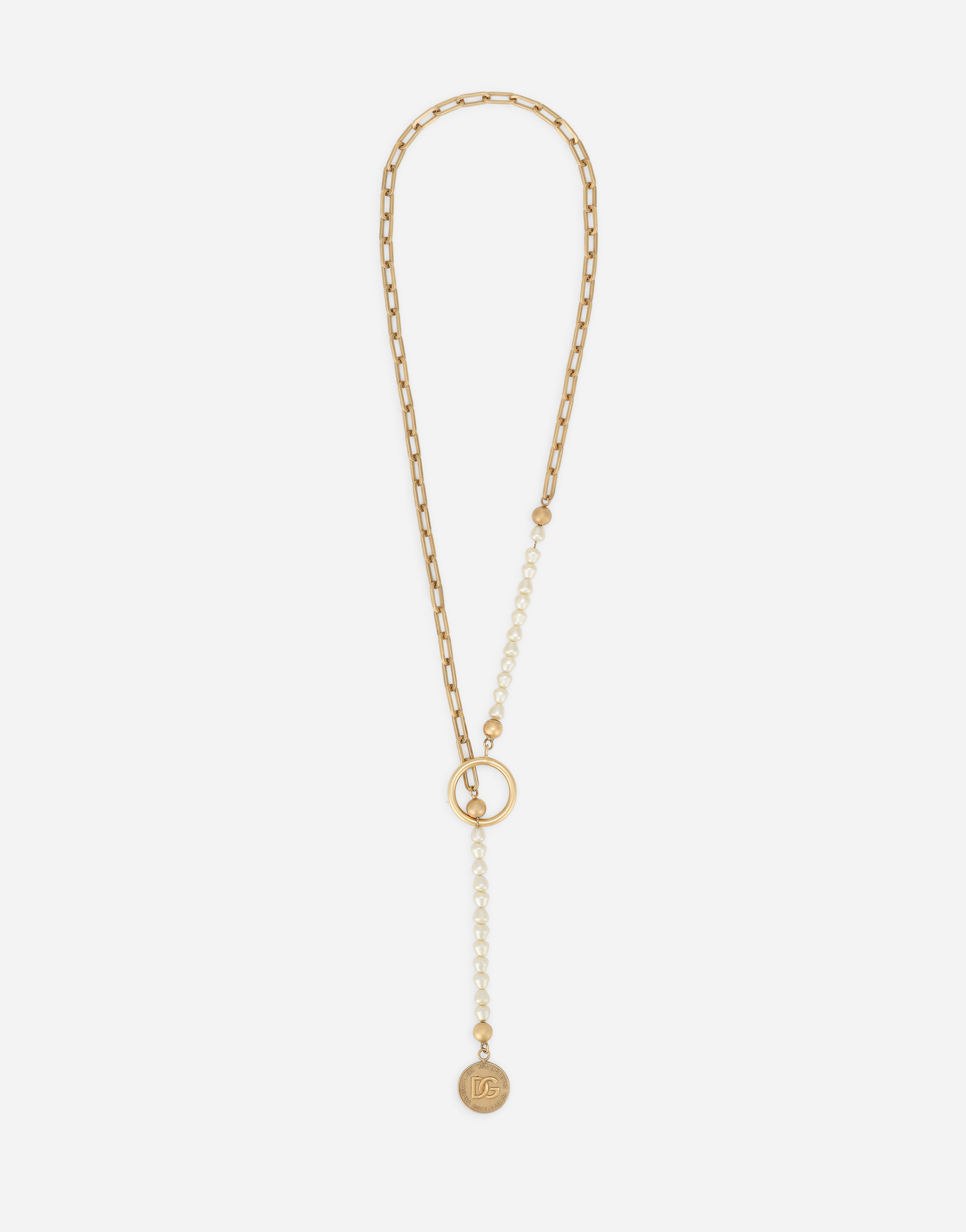 Sautoir necklace with pearls and pendant coin in Gold