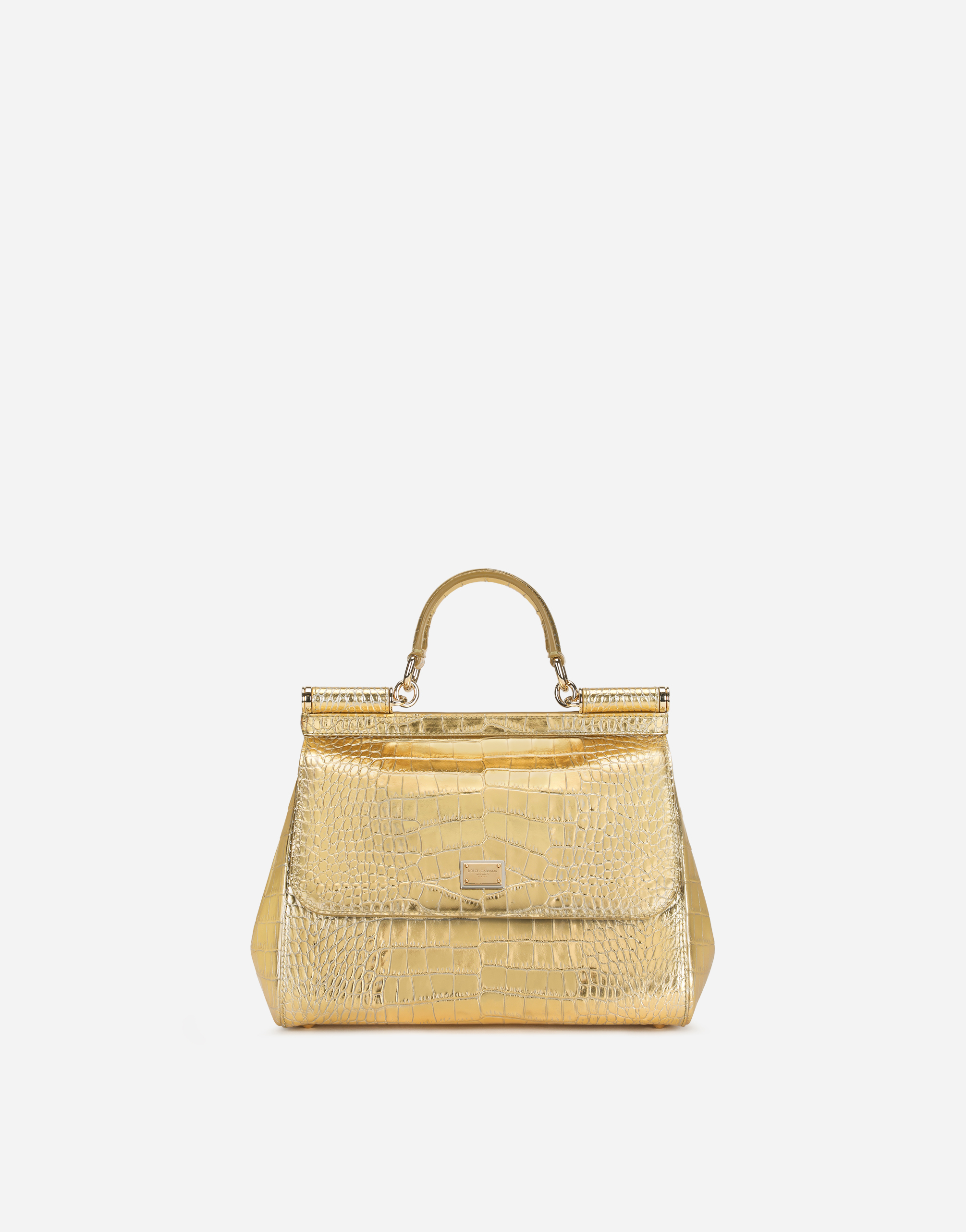 Small Sicily bag in foiled crocodile-print calfskin in Gold