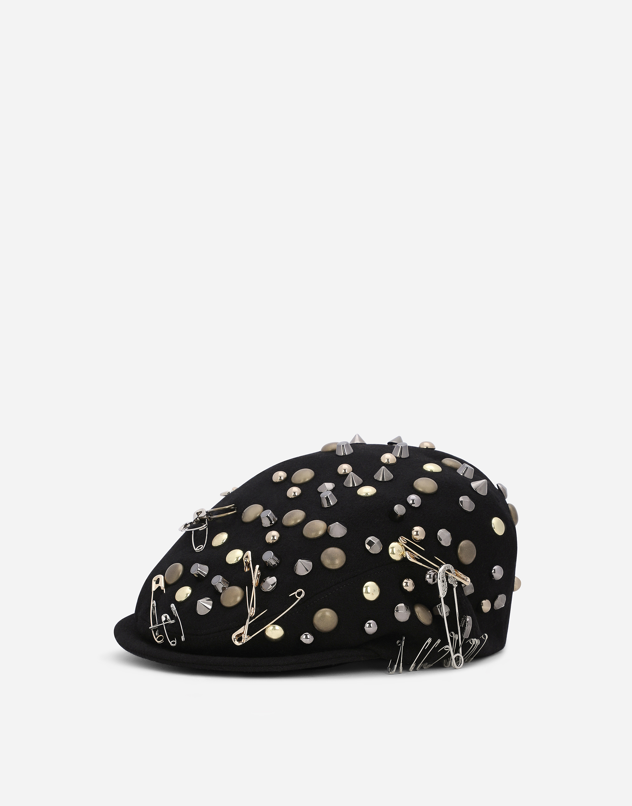 Stretch cotton flat cap with safety pins in Black