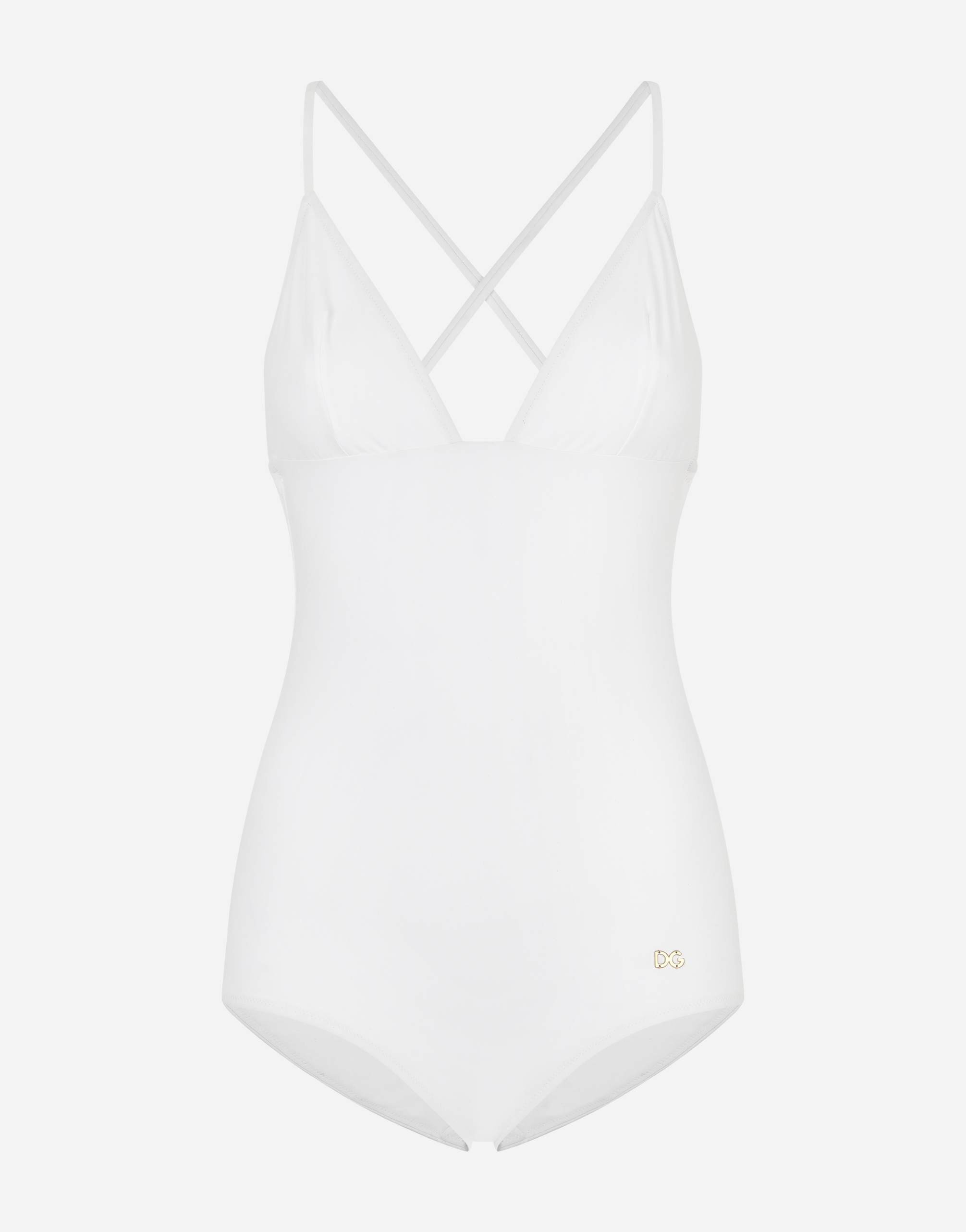 One-piece swimsuit with plunging neckline in White