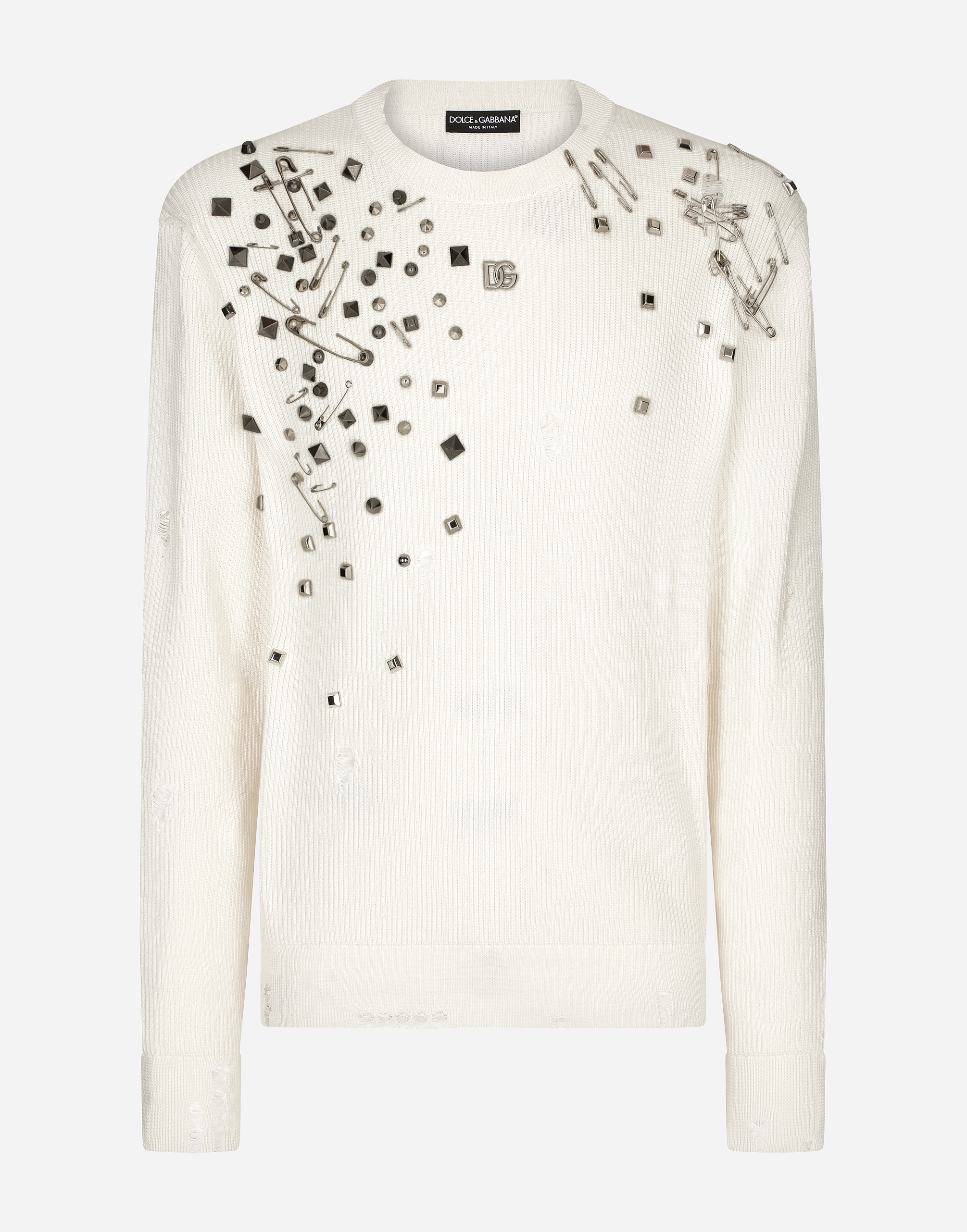 Round-neck silk and cotton sweater with studs and safety pins in White