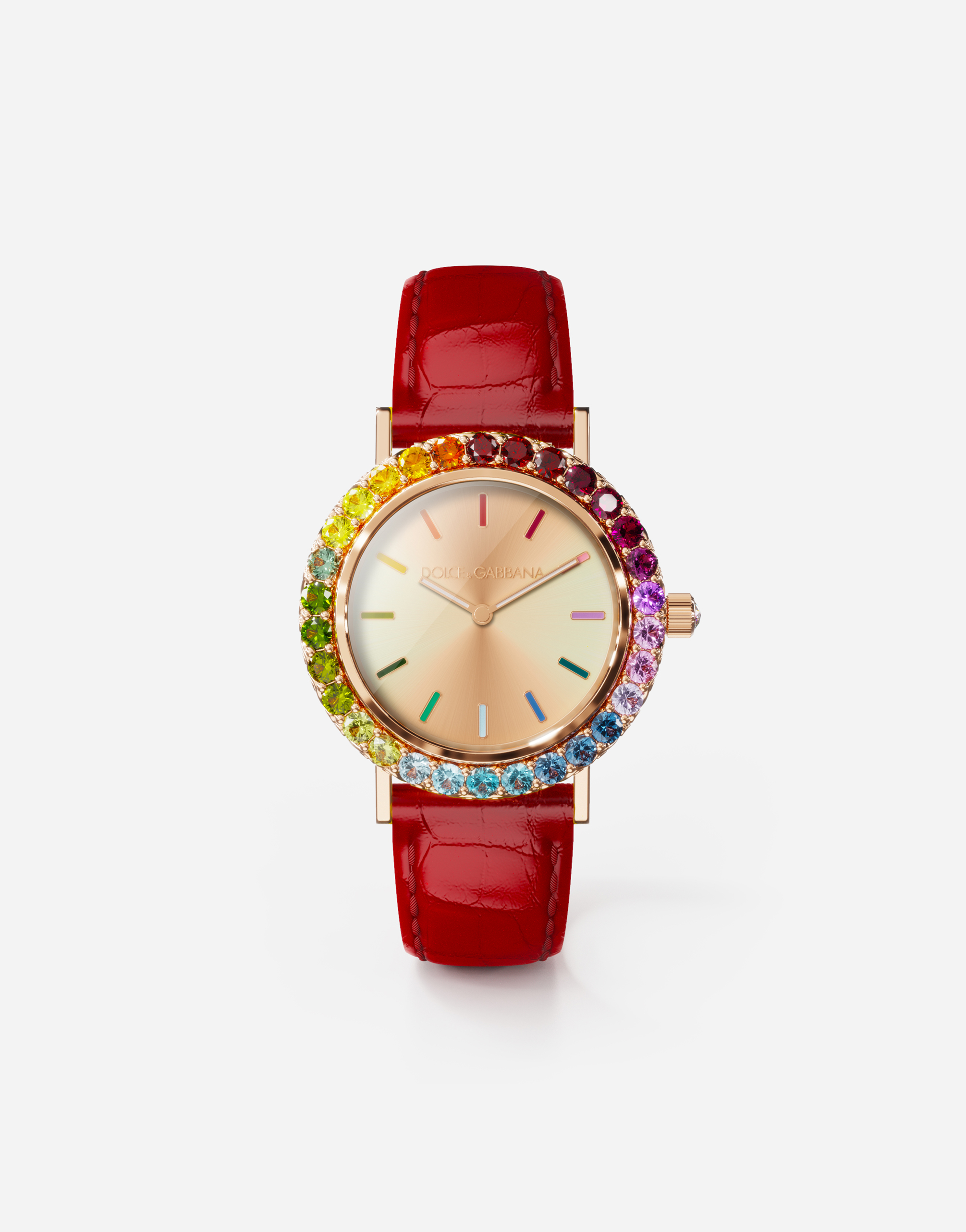 Iris watch in rose gold with multi-colored fine gems in Red