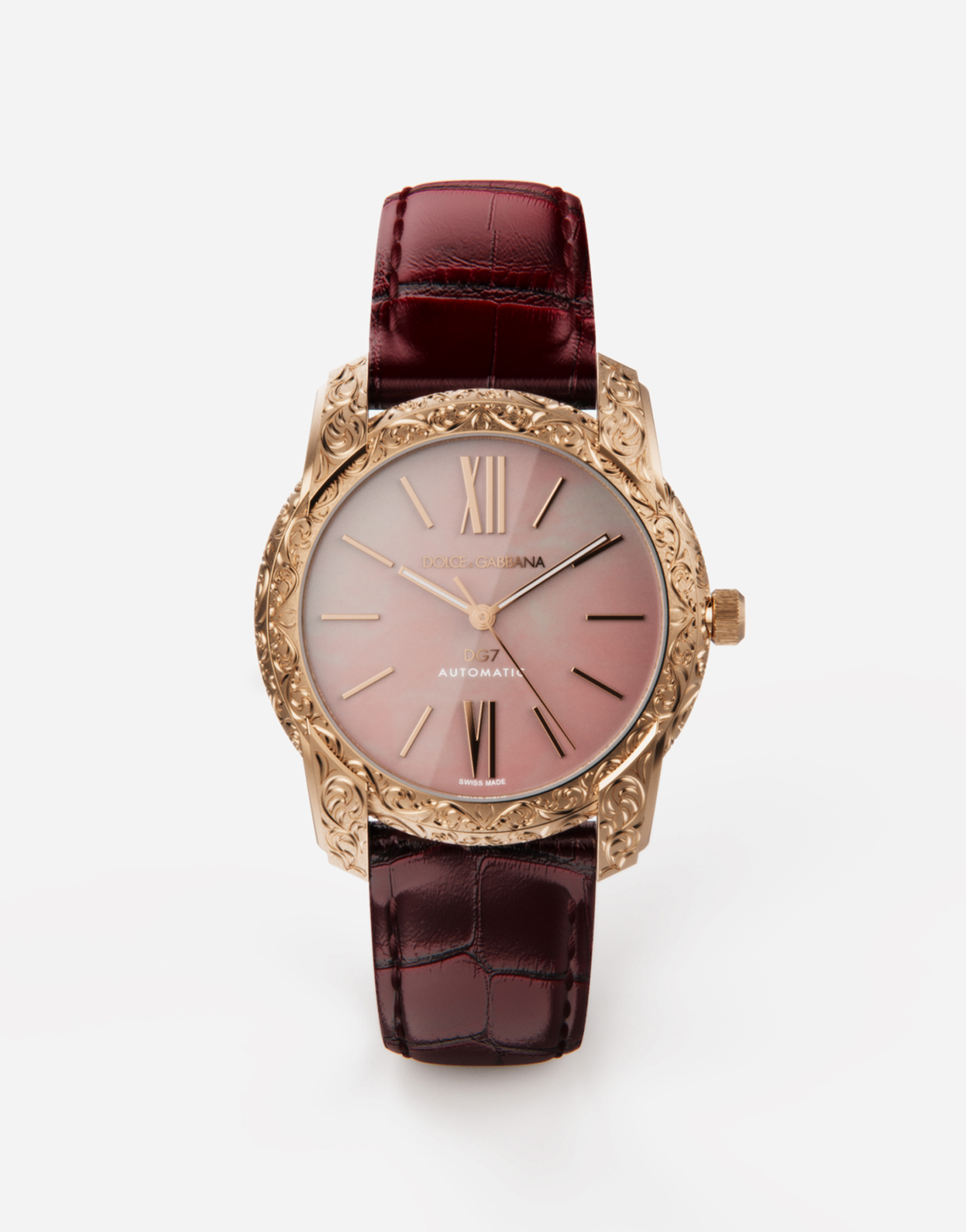 DG7 Gattopardo watch in red gold with pink mother of pearl in Bordeaux