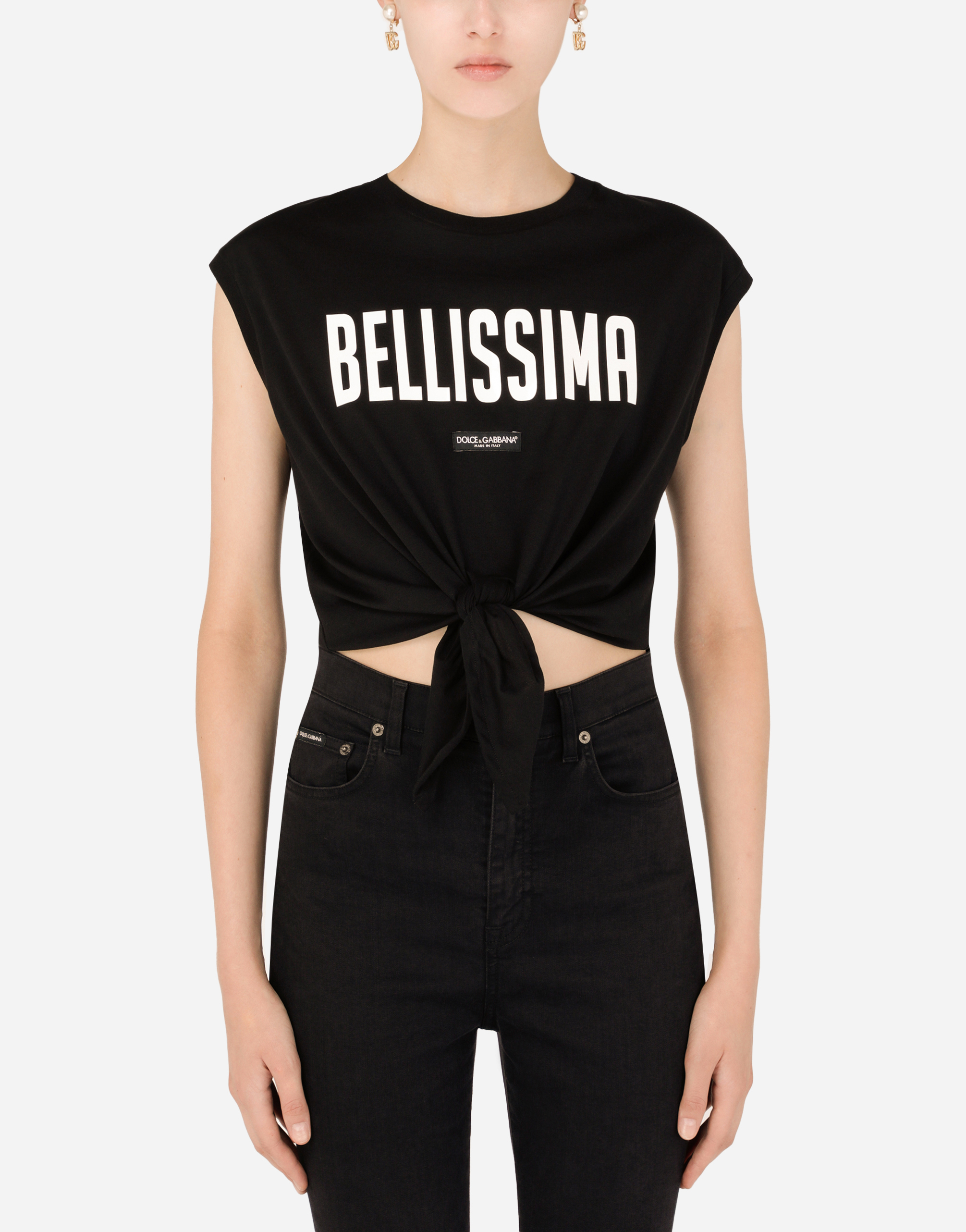 Jersey tank top with “Bellissima” print and knot detail in Black