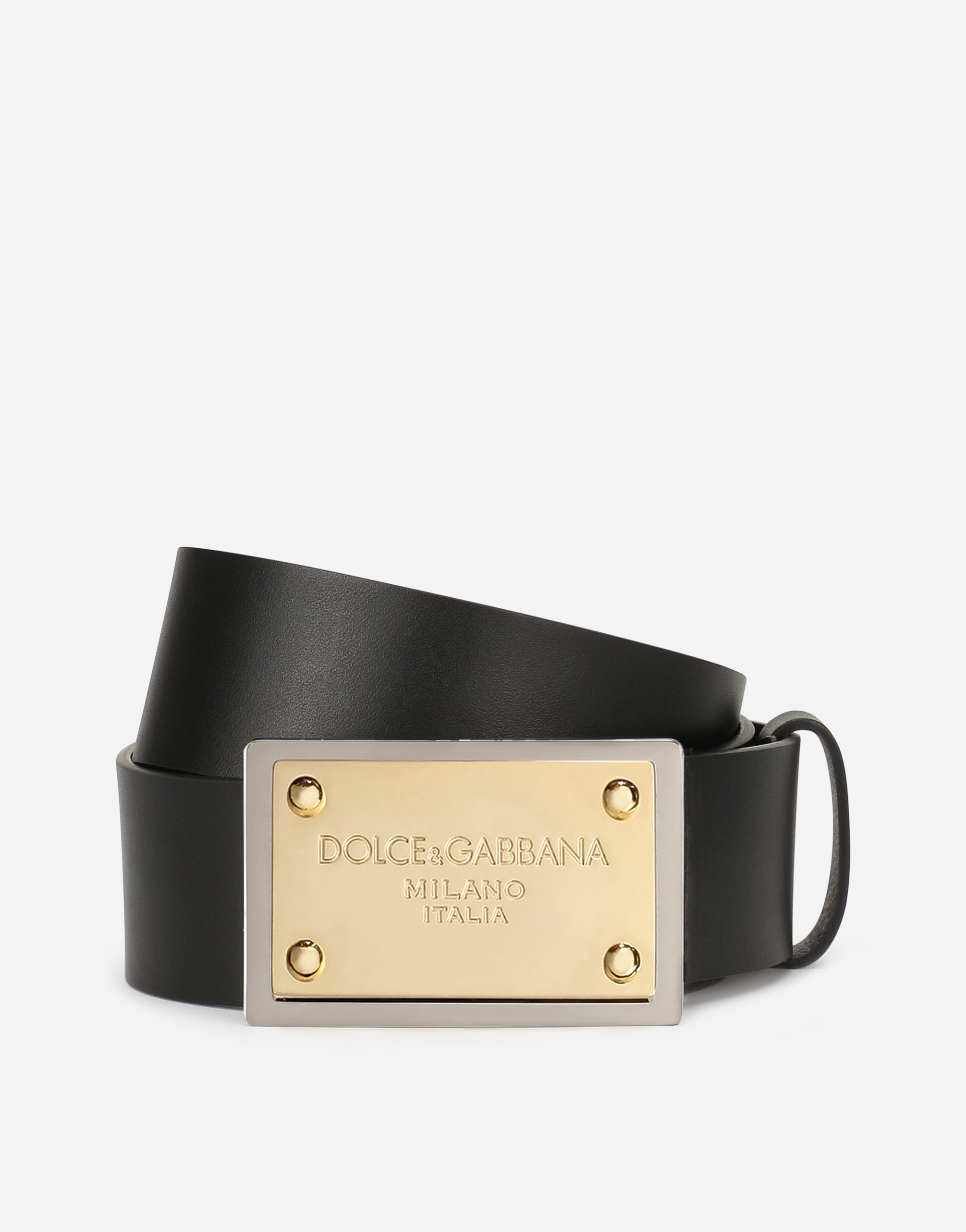 Lux leather belt with branded buckle in Black