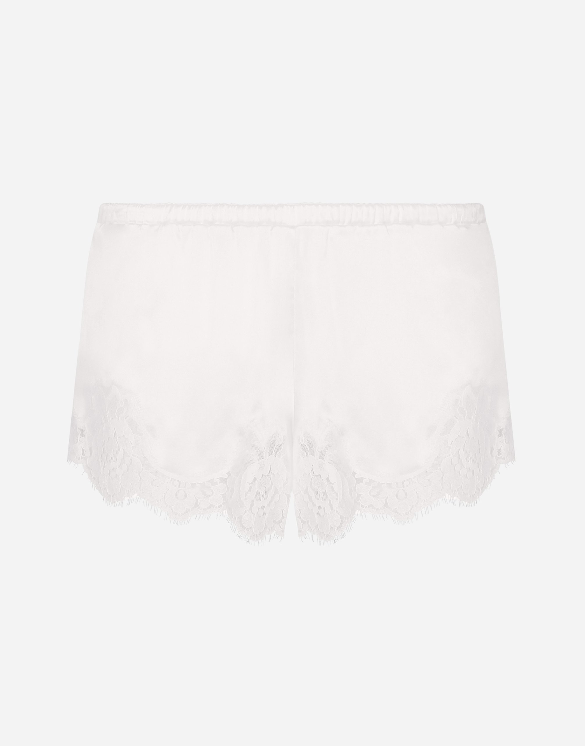 Satin lingerie shorts with lace detailing in White