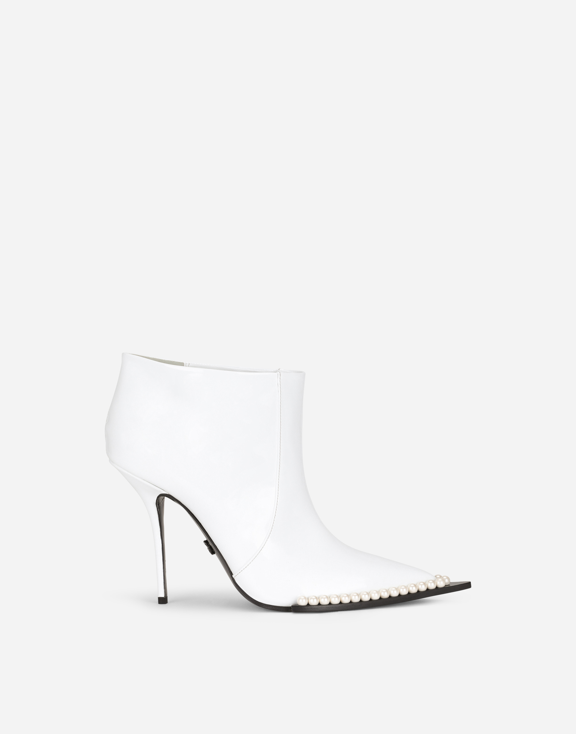Patent leather ankle boots with pearls in White