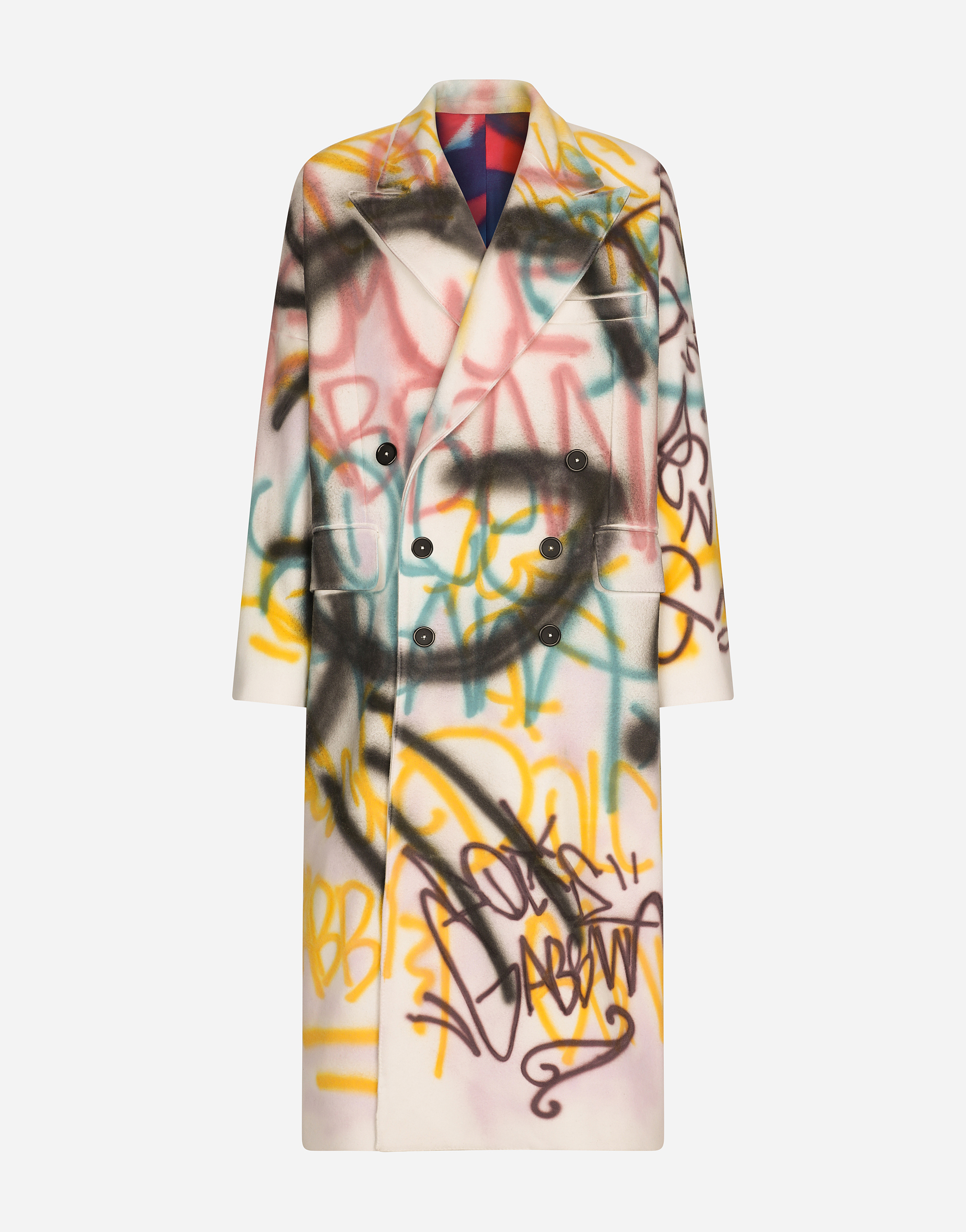 Double-breasted coat with spray-paint graffiti print in Multicolor
