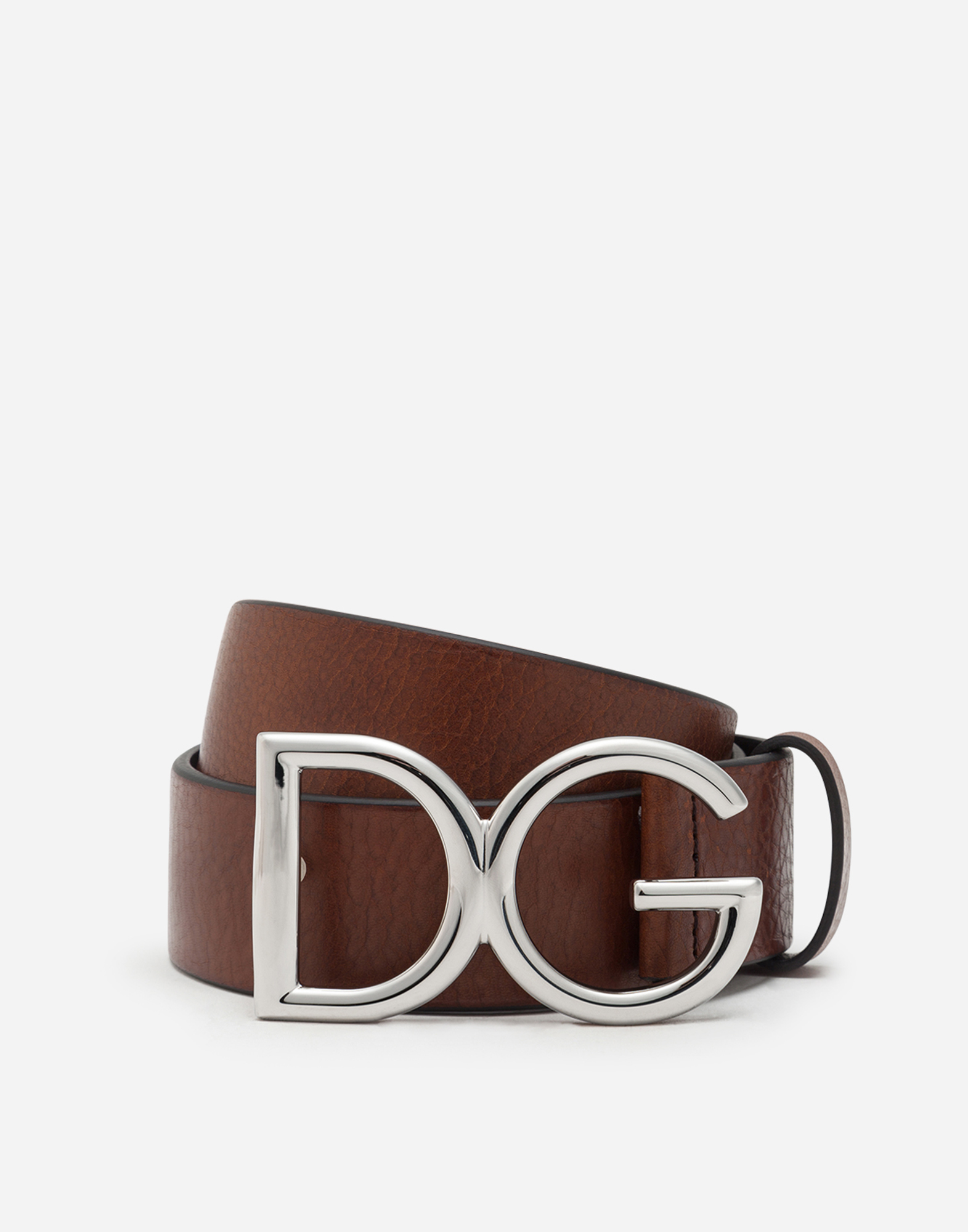 Tumbled leather belt with DG logo in Brown