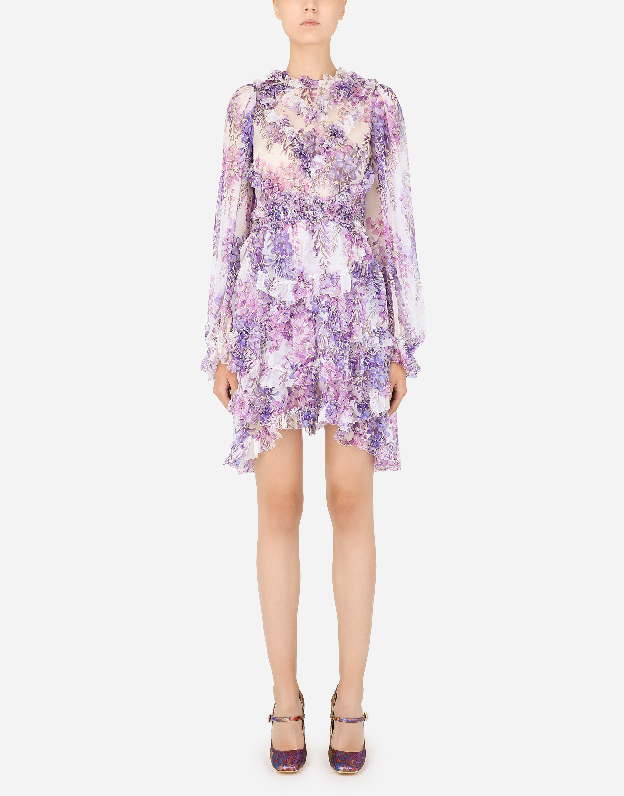 Short wisteria-print chiffon dress with ruches in Multicolor