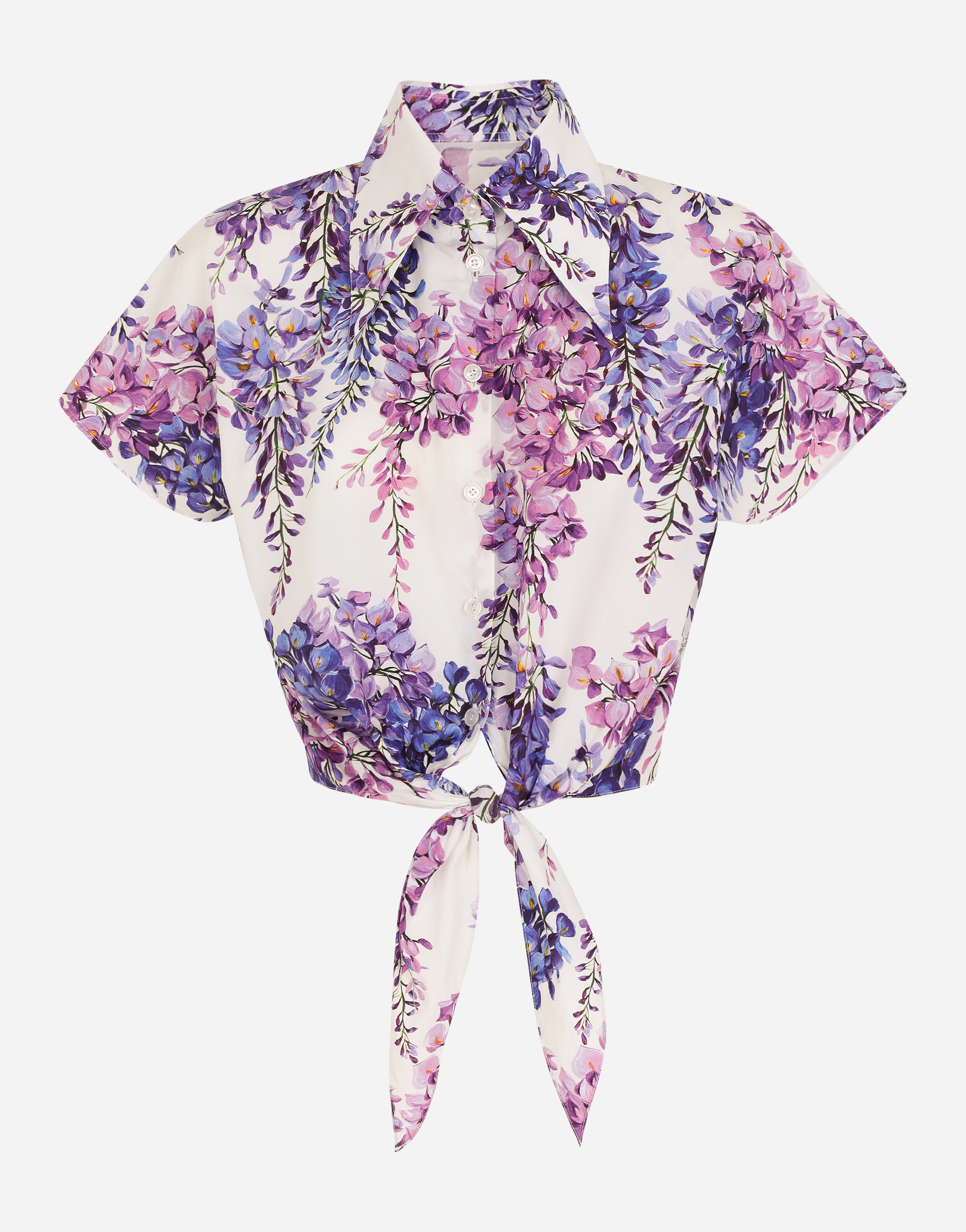 Wisteria-print poplin shirt with knot detail