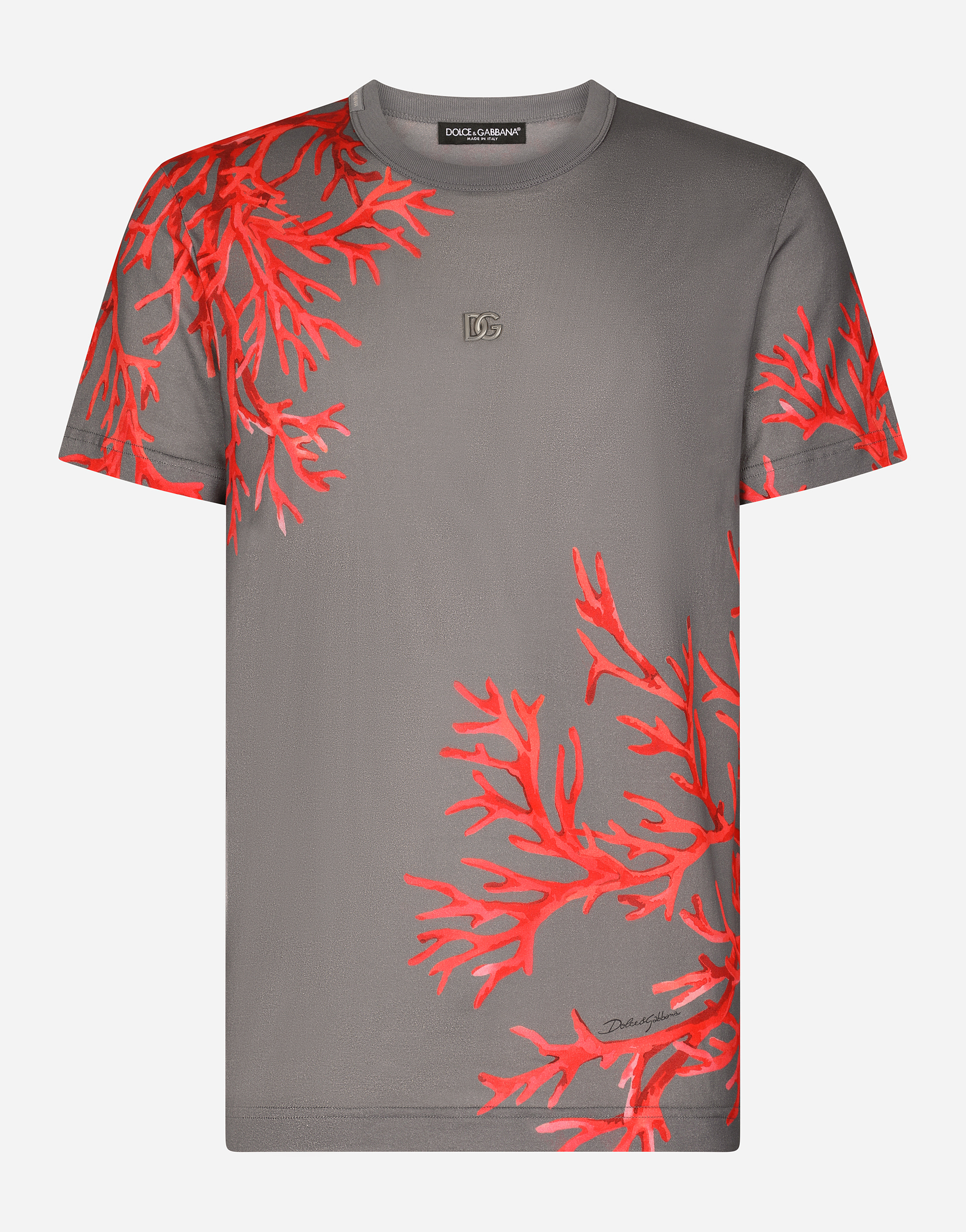 Coral-print cotton T-shirt with DG patch in Multicolor