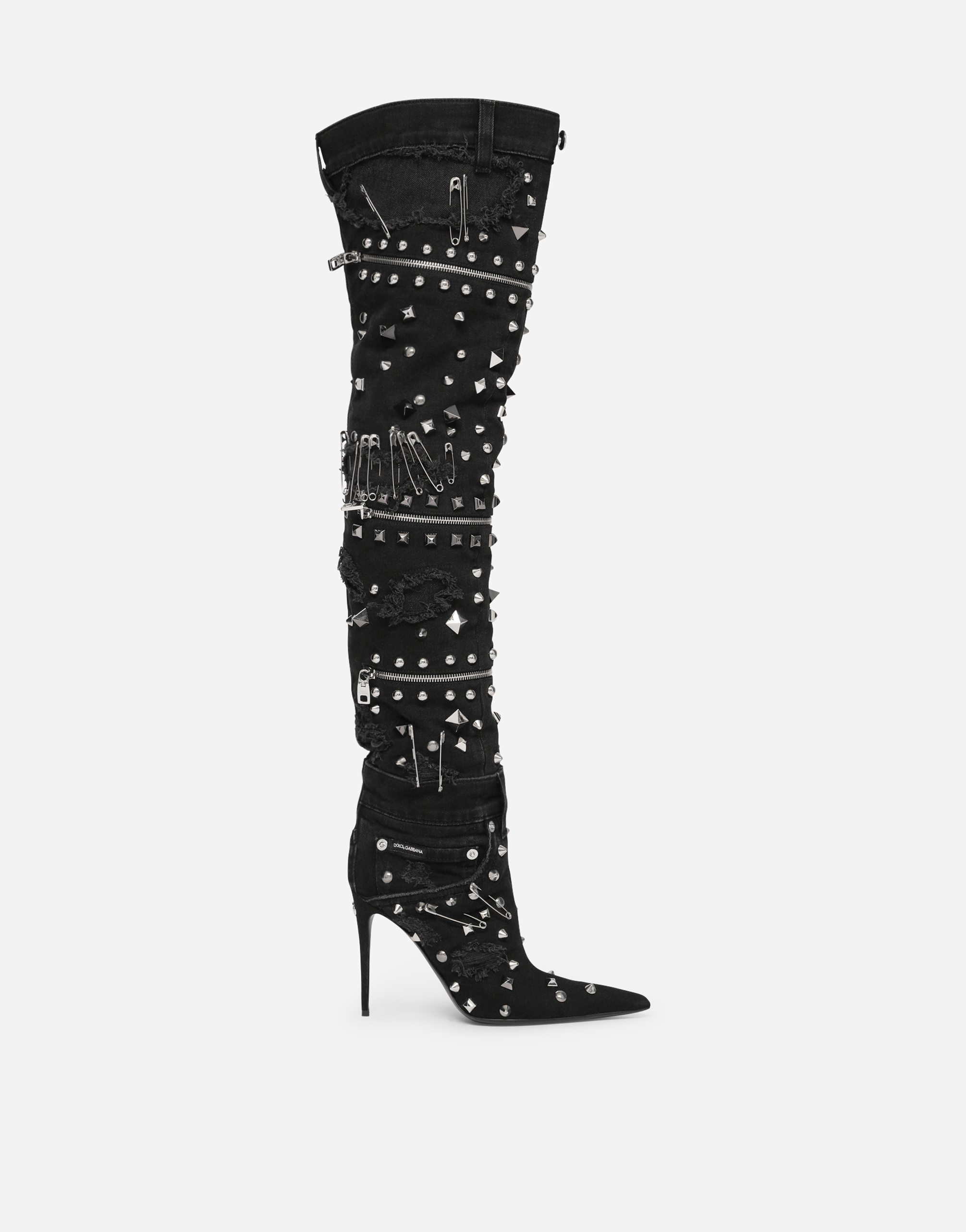Patchwork denim thigh-high boots with studs in Black