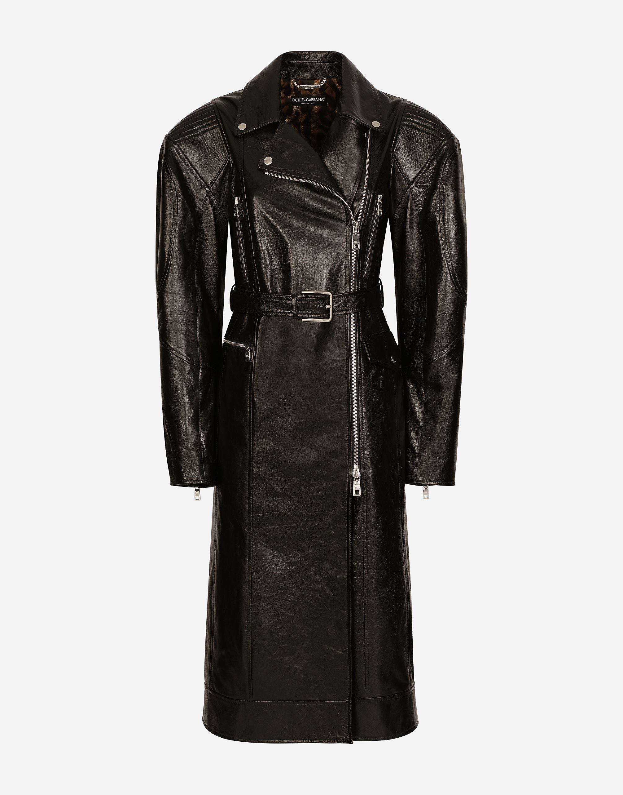 Belted leather biker coat in Black