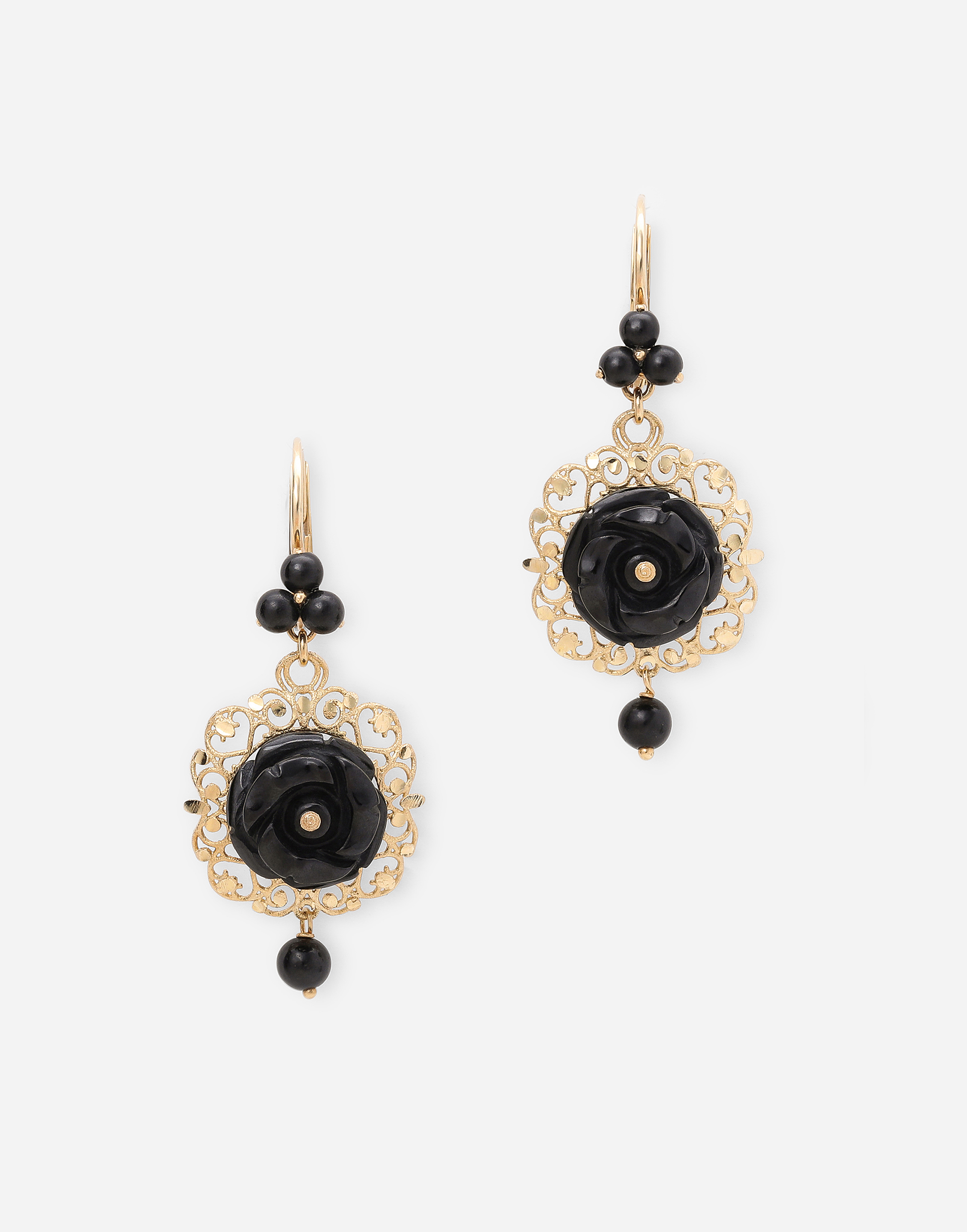 Rose earrings in yellow 18kt gold with black jade roses in Gold