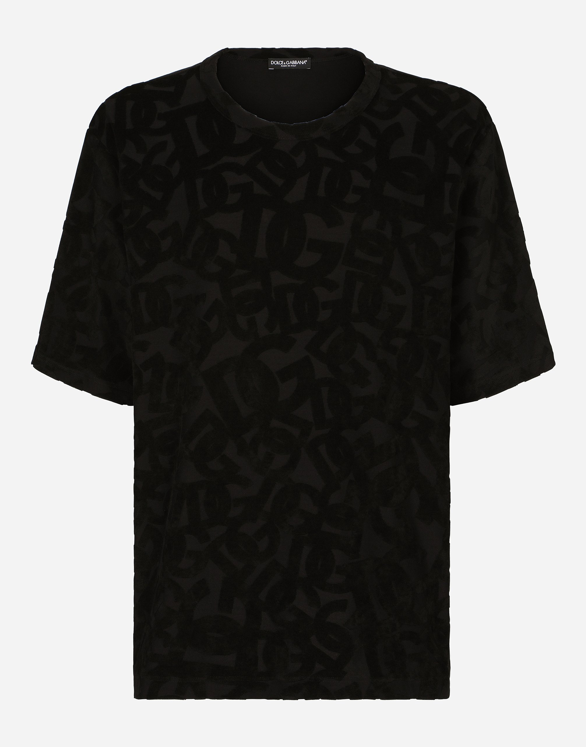 Cotton T-shirt with all-over flocked DG print in Black