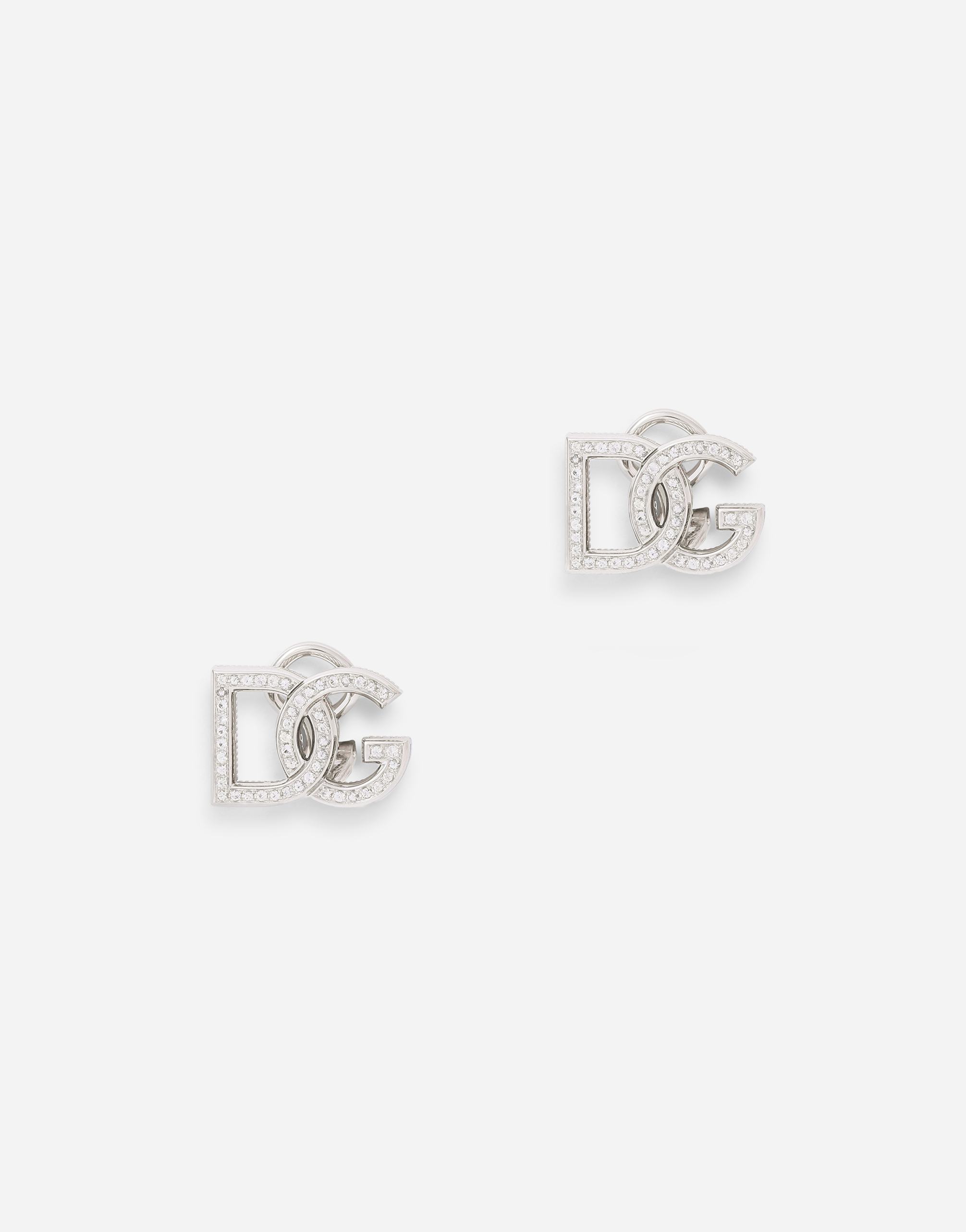 Logo clip-on earrings in white 18kt gold with colourless sapphires in White gold