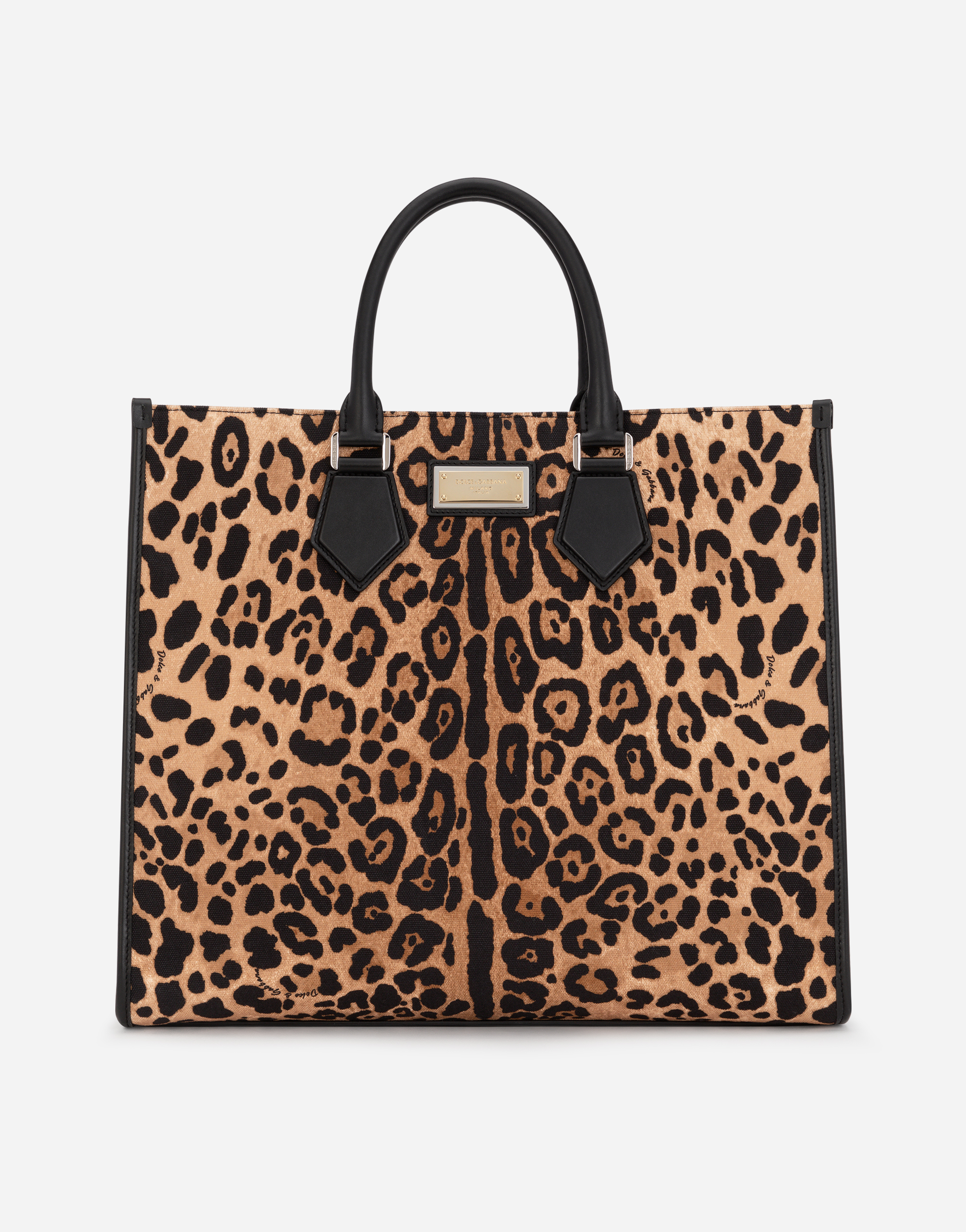 Leopard-print canvas shopper with calfskin nappa details in Multicolor