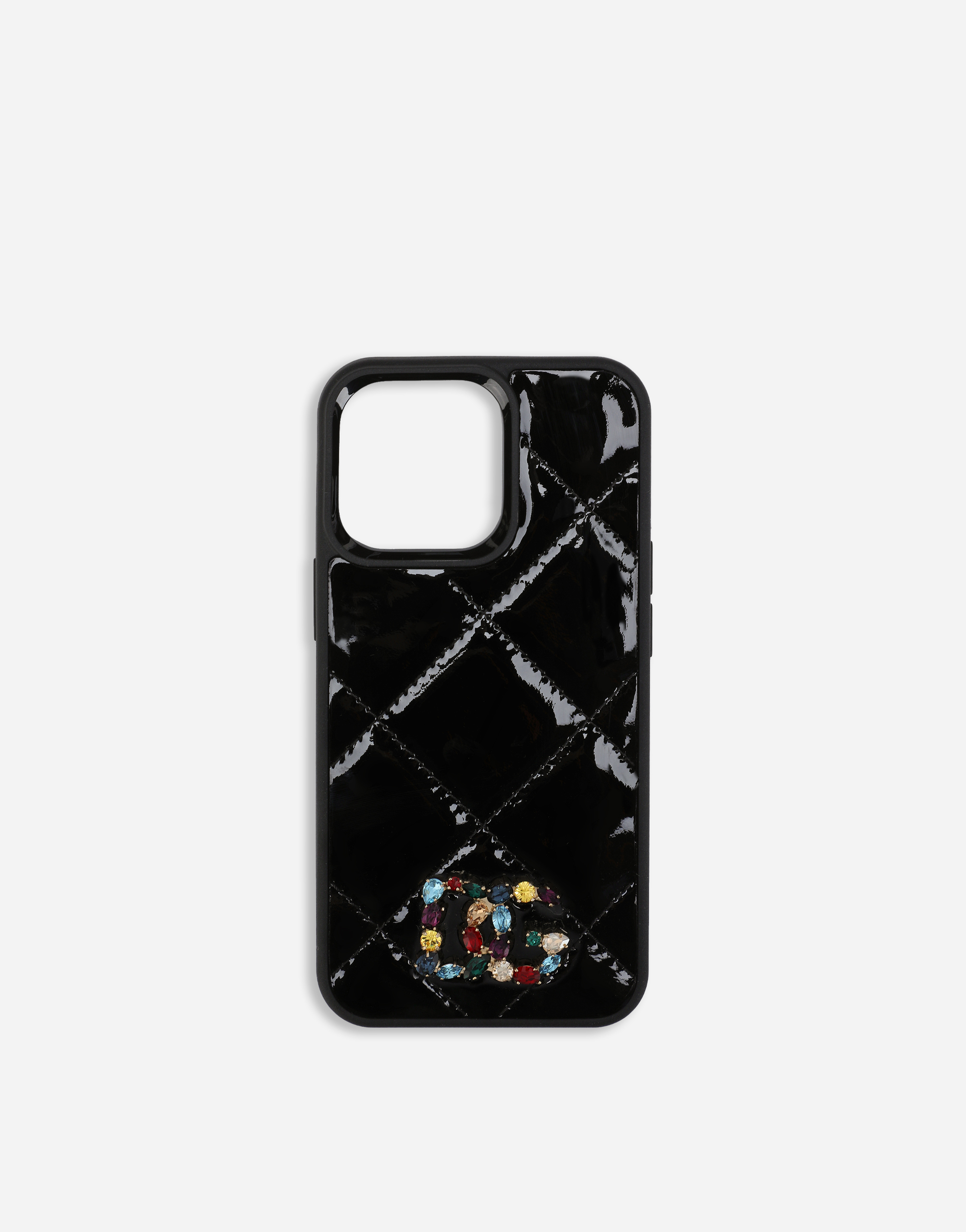 Patent leather iPhone 13 cover with rhinestone-detailed DG logo in Black