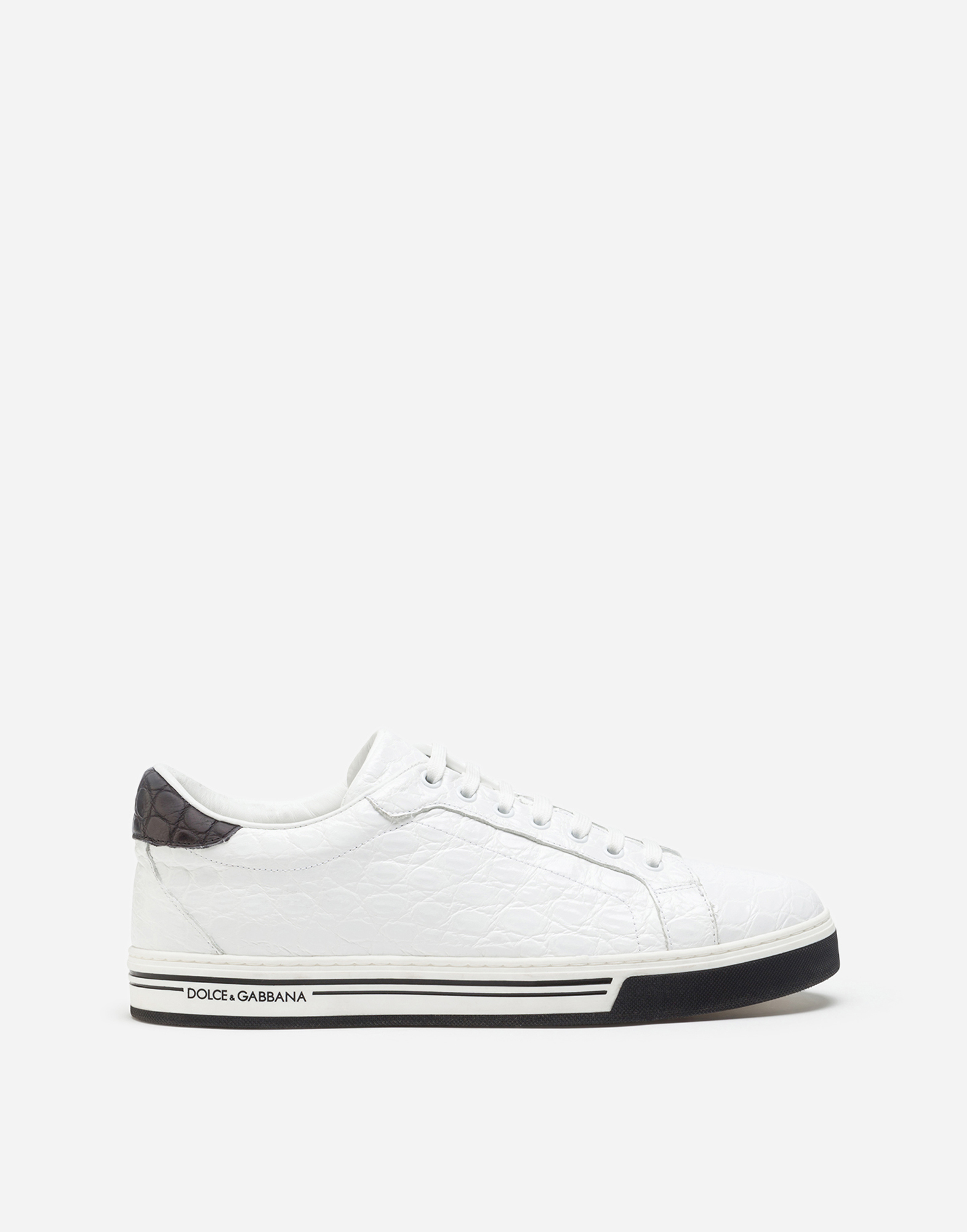 Hand-polished crocodile skin side Roma sneakers in White/Black