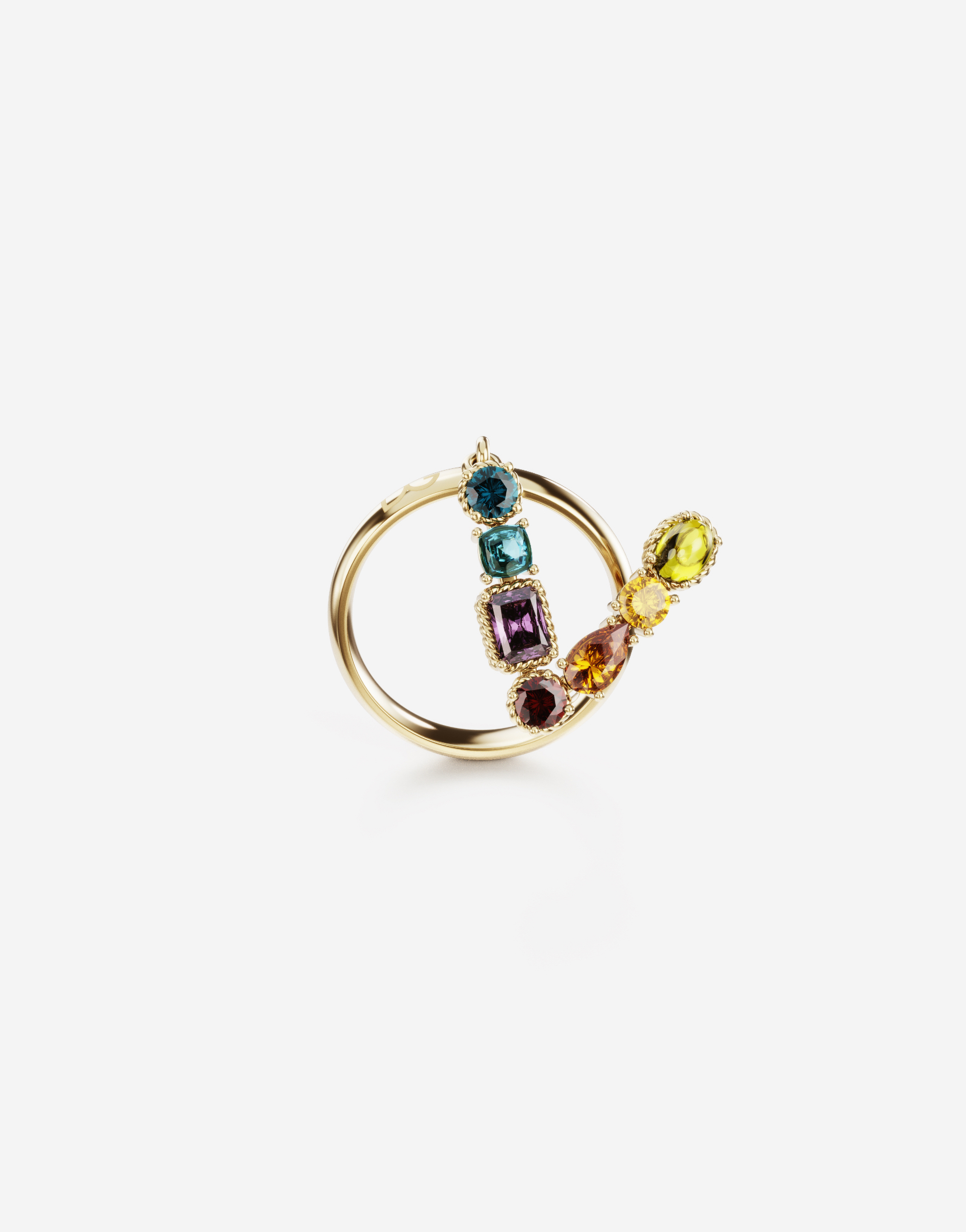 Rainbow alphabet V ring in yellow gold with multicolor fine gems in Gold