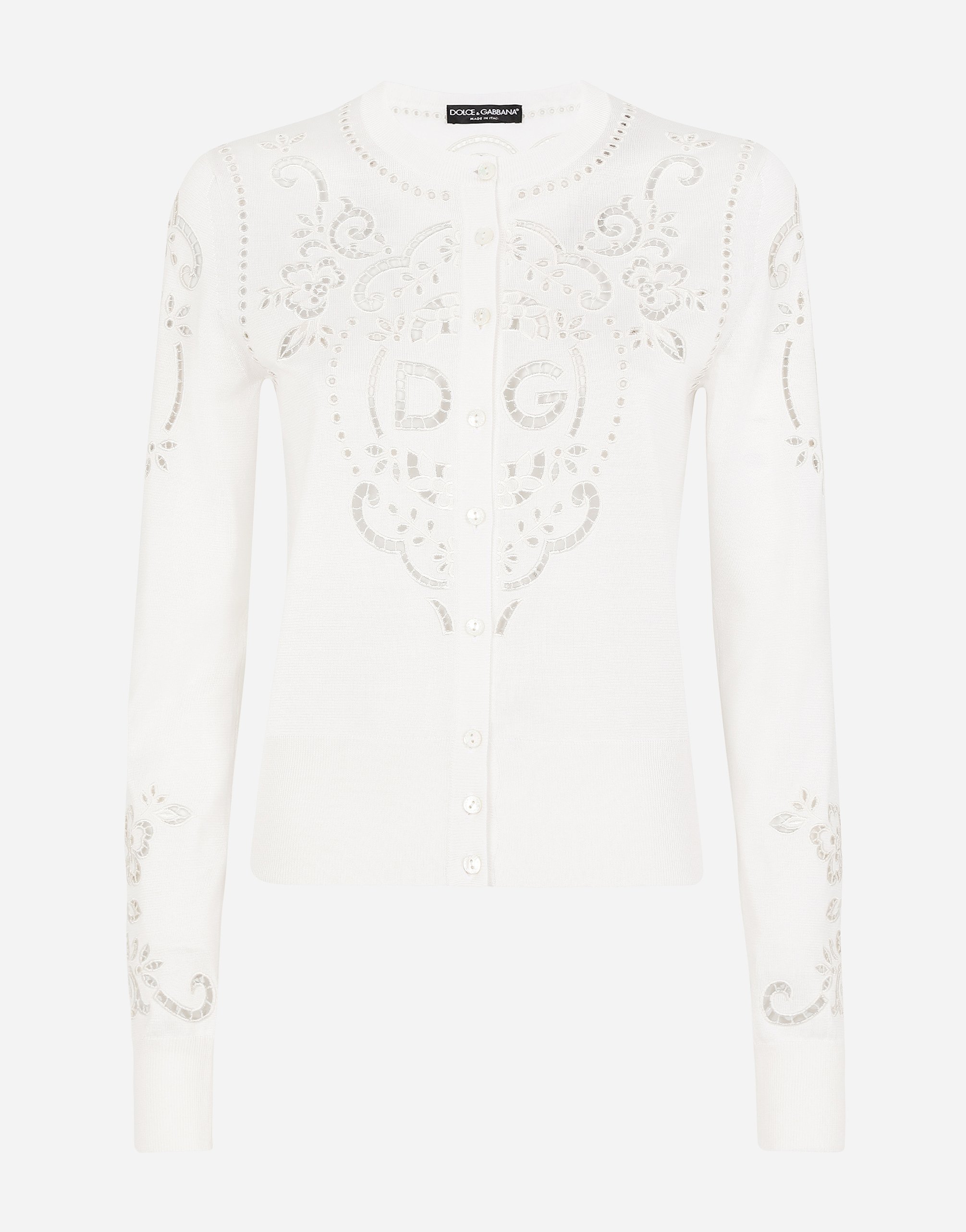 Silk cardigan with DG openwork embroidery in White