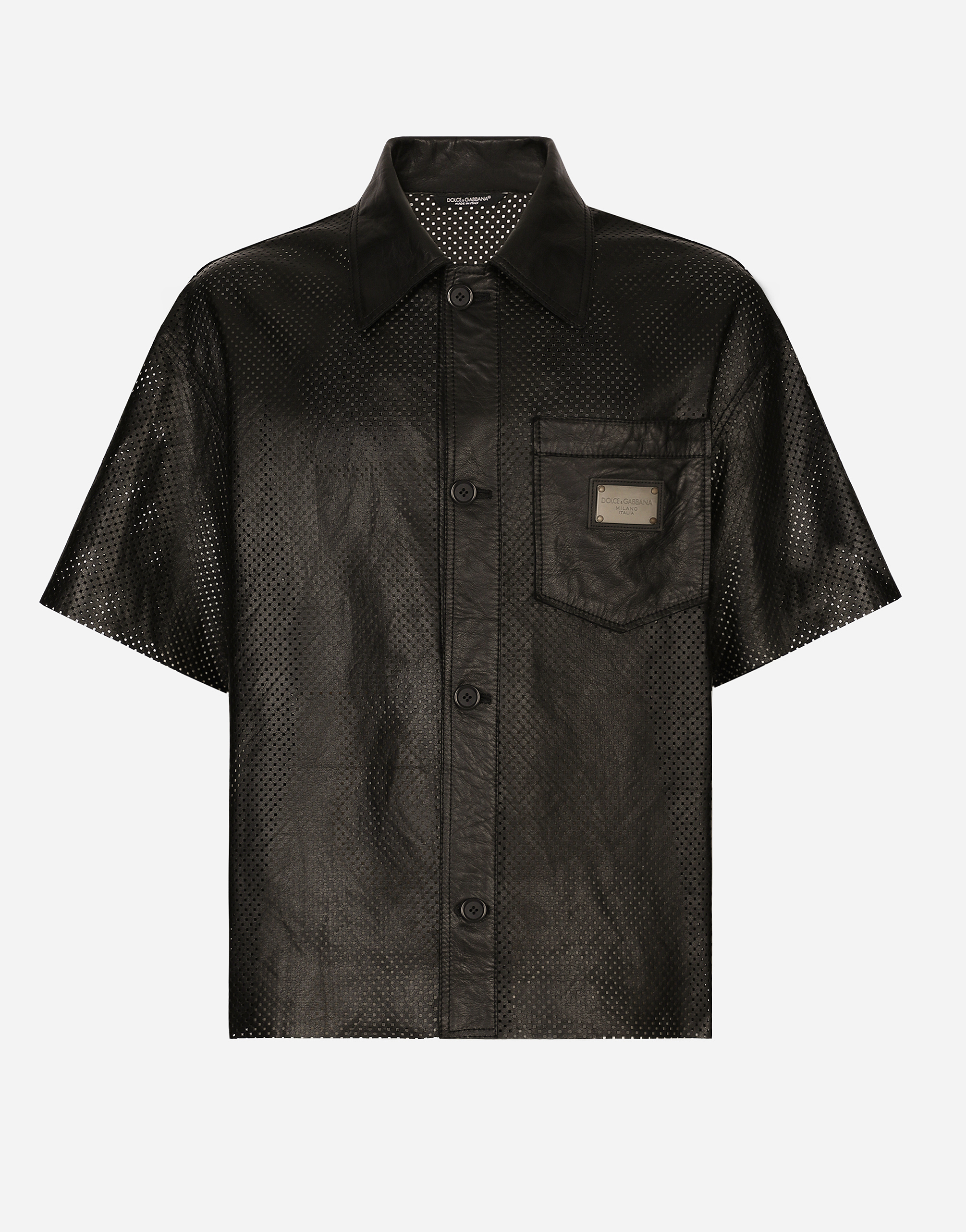 Openwork leather shirt with brand plate in Black