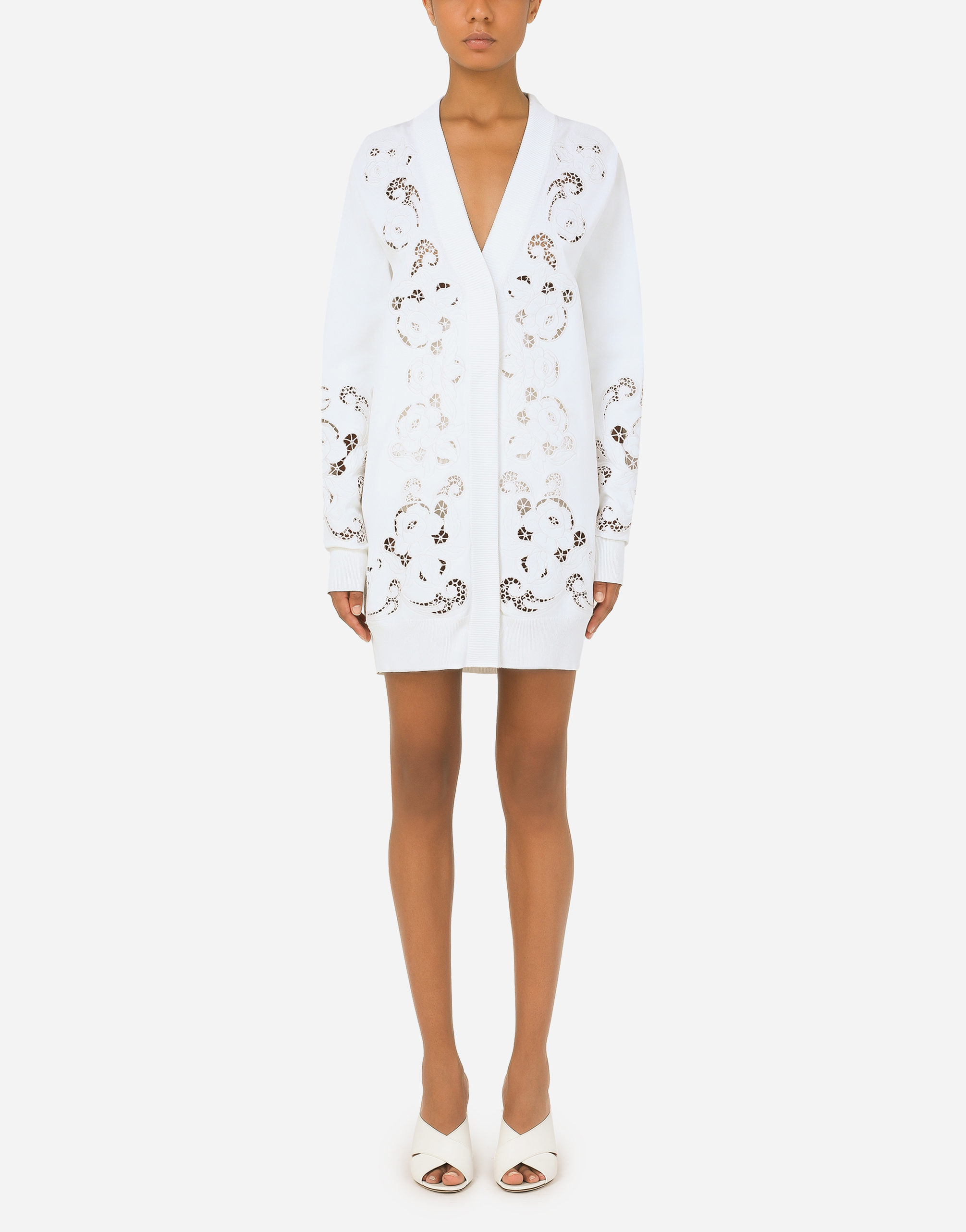 Oversize viscose cardigan with openwork embroidery in White
