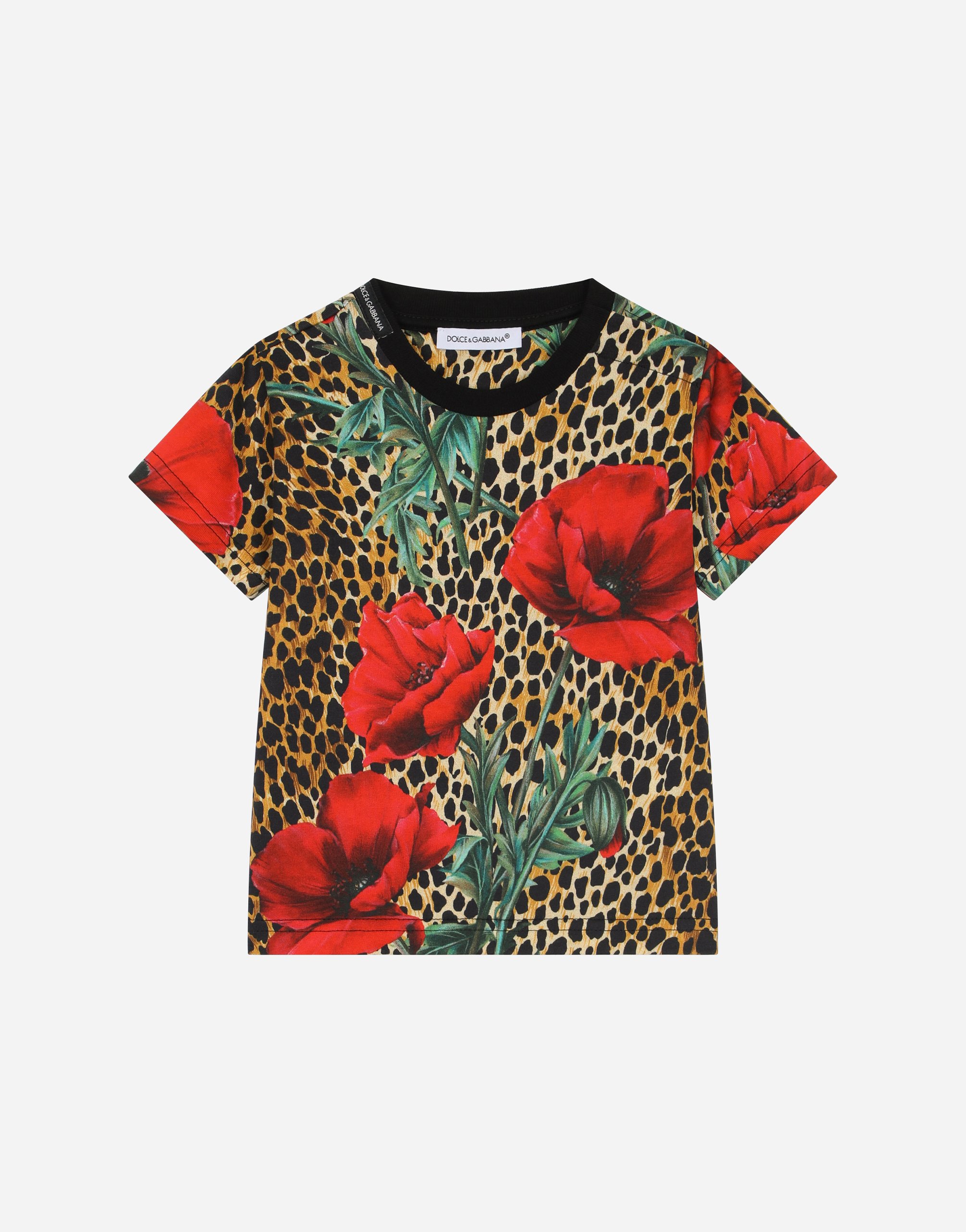 Jersey T-shirt with ocelot and poppy print in Multicolor