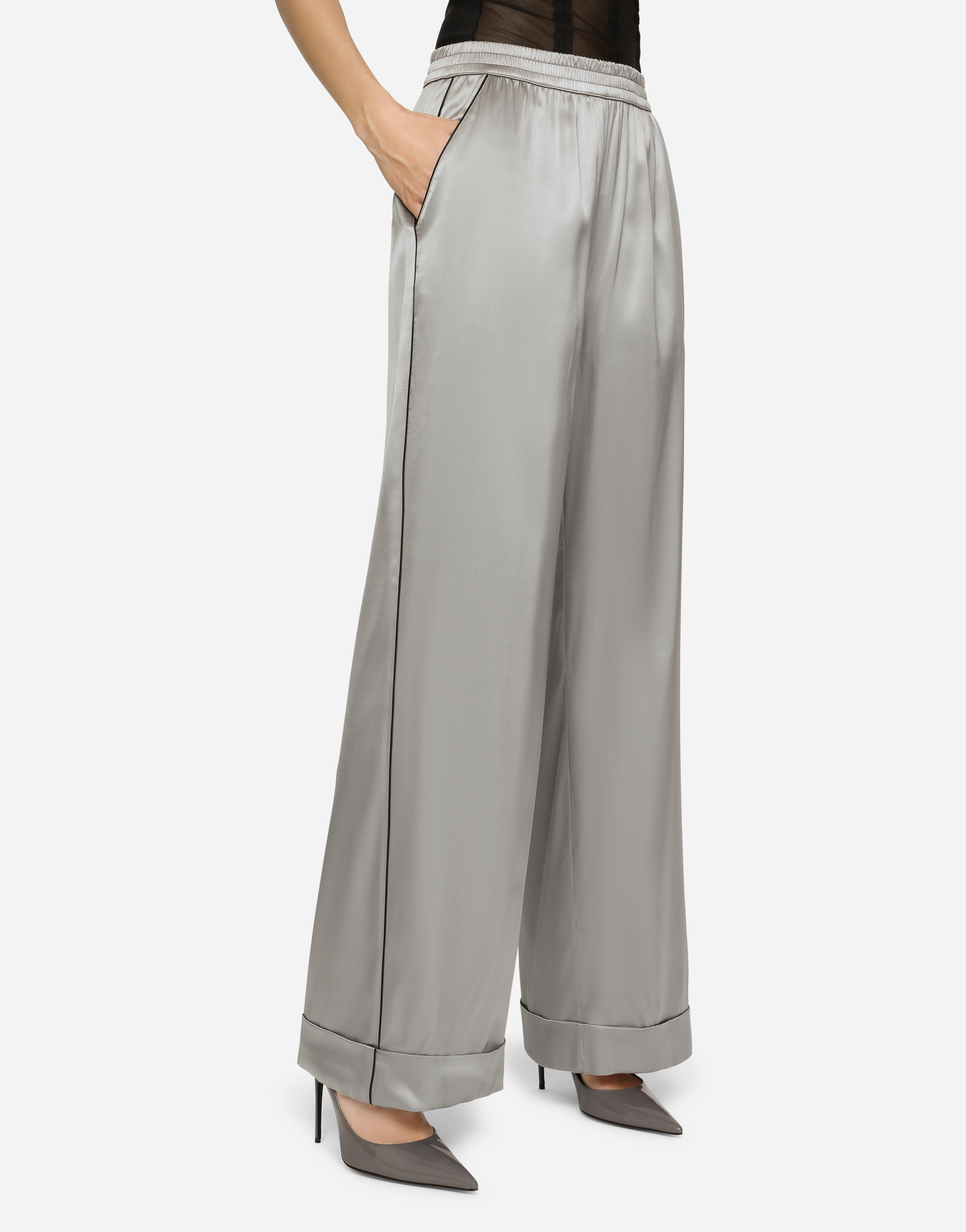 Shop Dolce & Gabbana Satin Pajama Pants With Piping In Grey