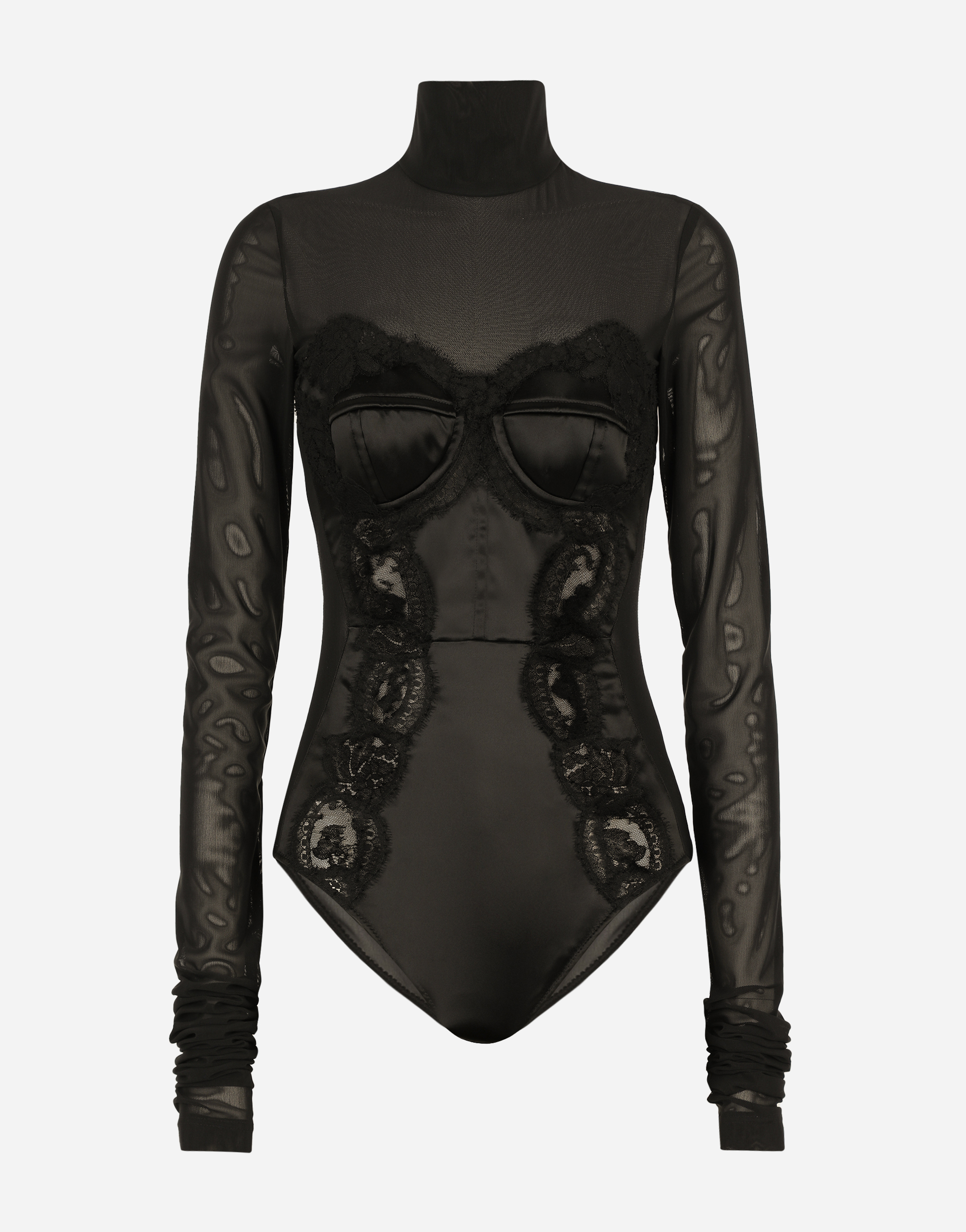 Black Krisli long-sleeved bodysuit with lace sleeves X-Large Tulle decolletage Brazilian slip 