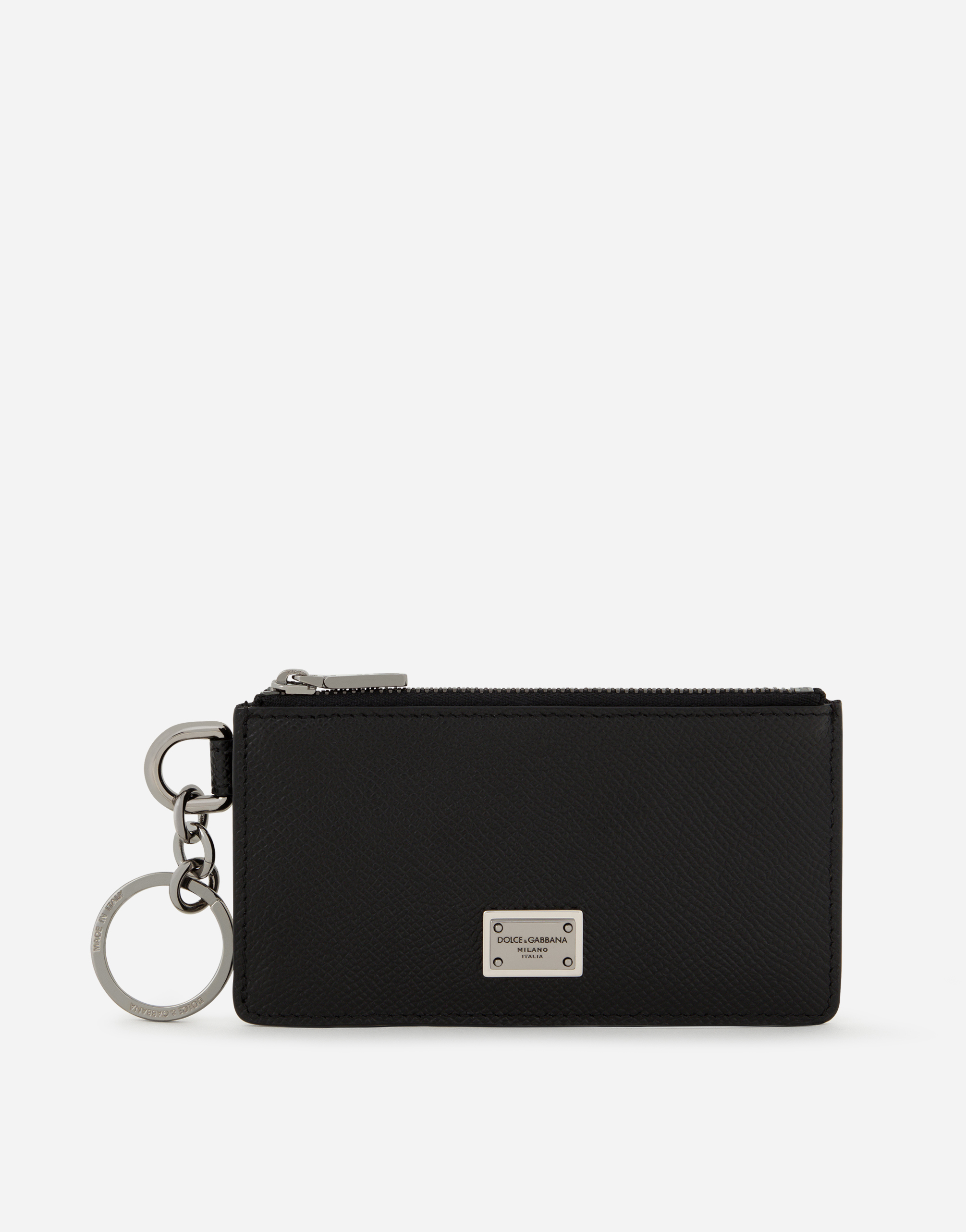 Calfskin card holder with ring and logo tag in Black
