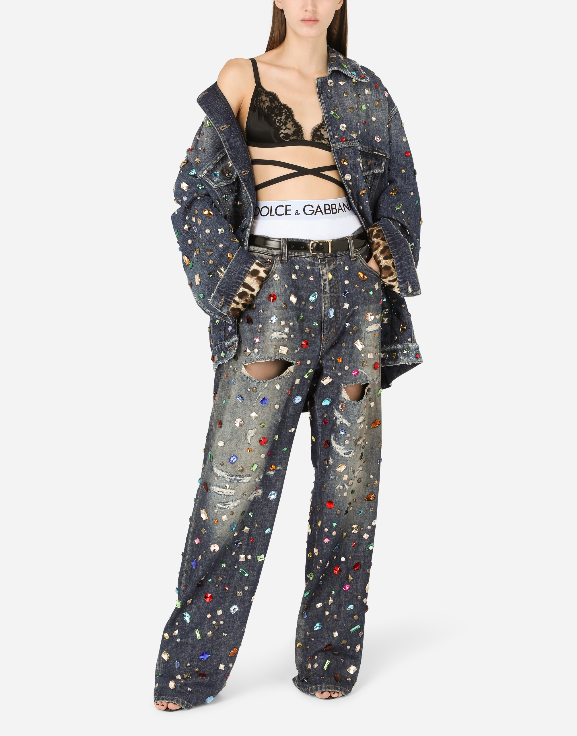 Jeans with rhinestone details in Multicolor for Women | Dolce&Gabbana®