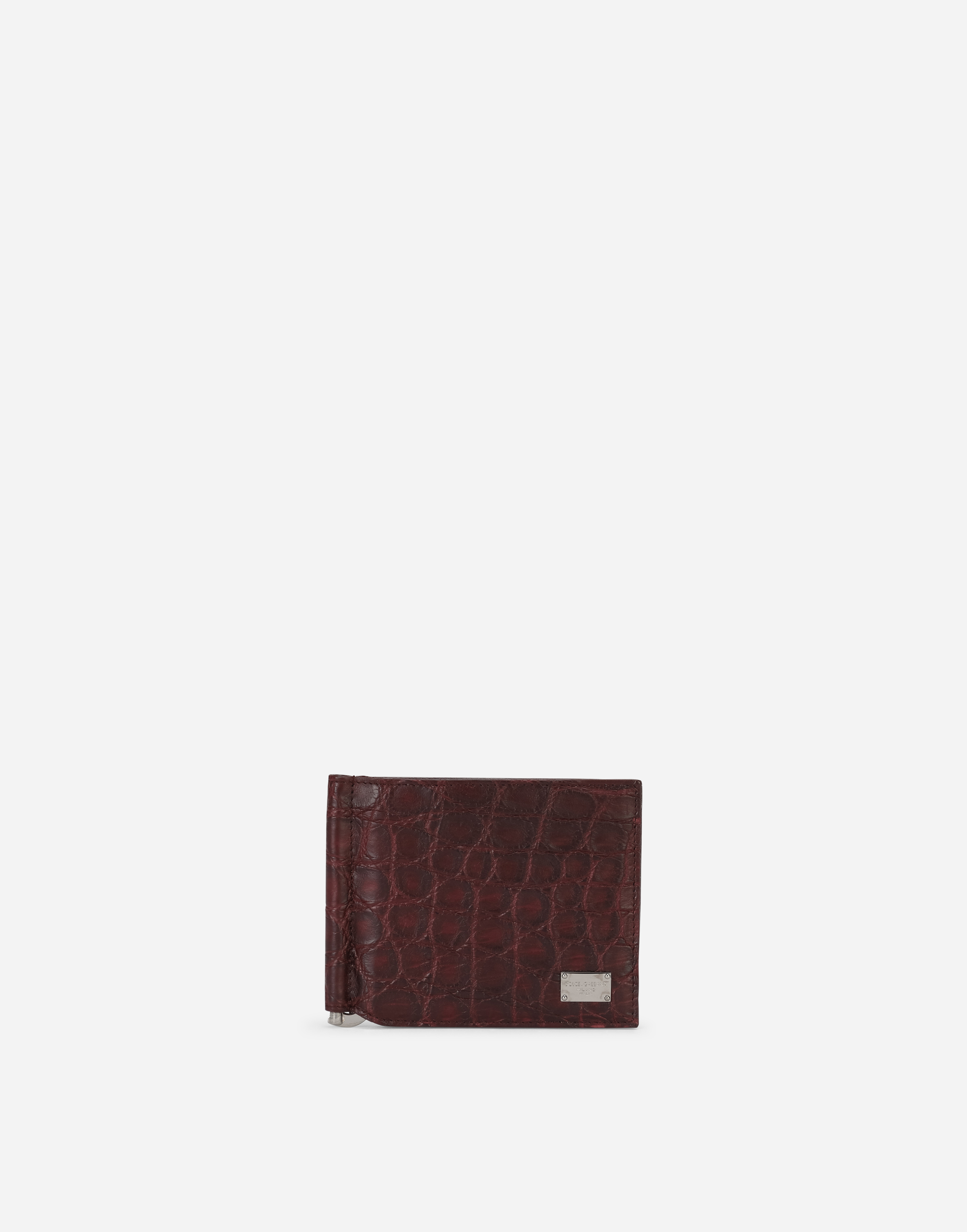 Crocodile bifold wallet with moneyclip and branded tag in Bordeaux