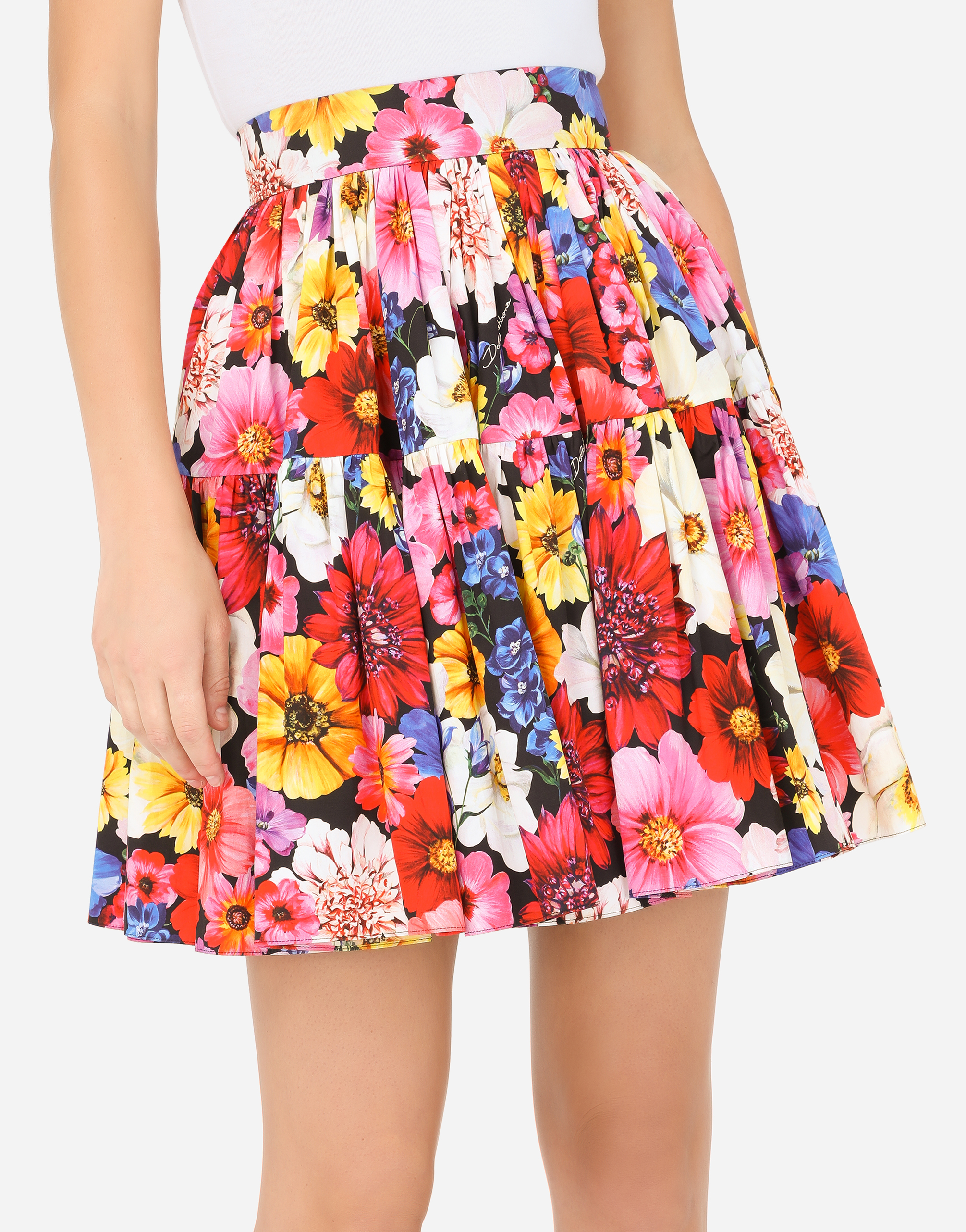 Short garden-print poplin skirt