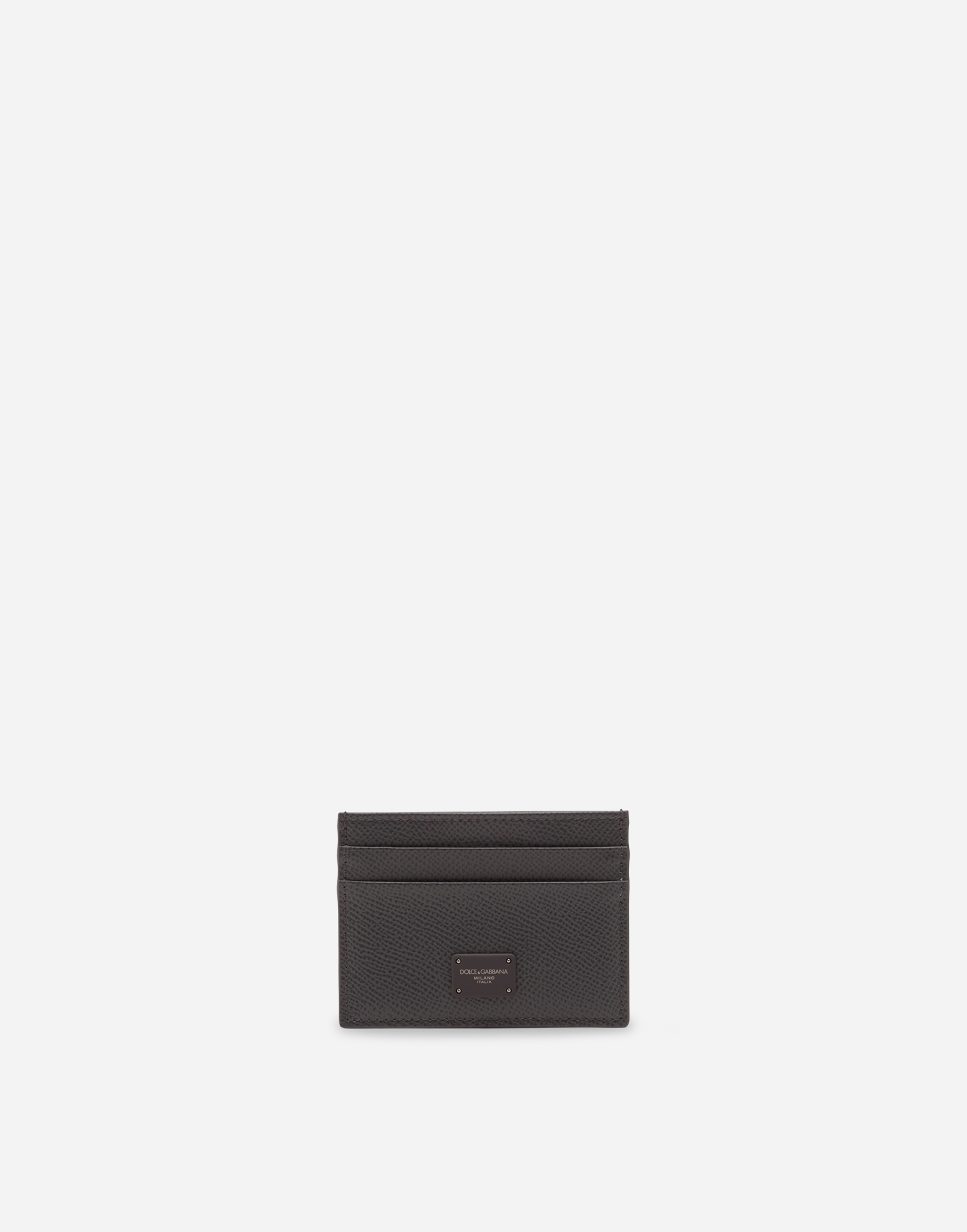 Dauphine calfskin credit card holder with logo plaque in Grey