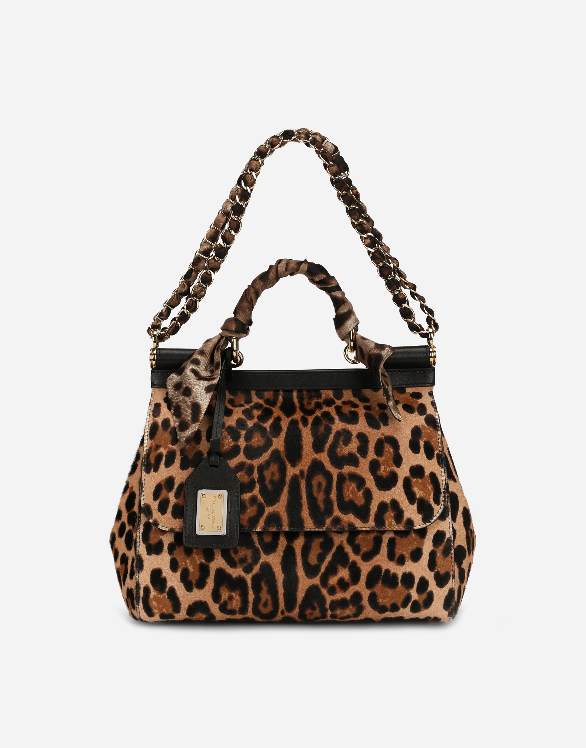 Medium Sicily bag in leopard-print pony hair with scarf detail in Animal Print